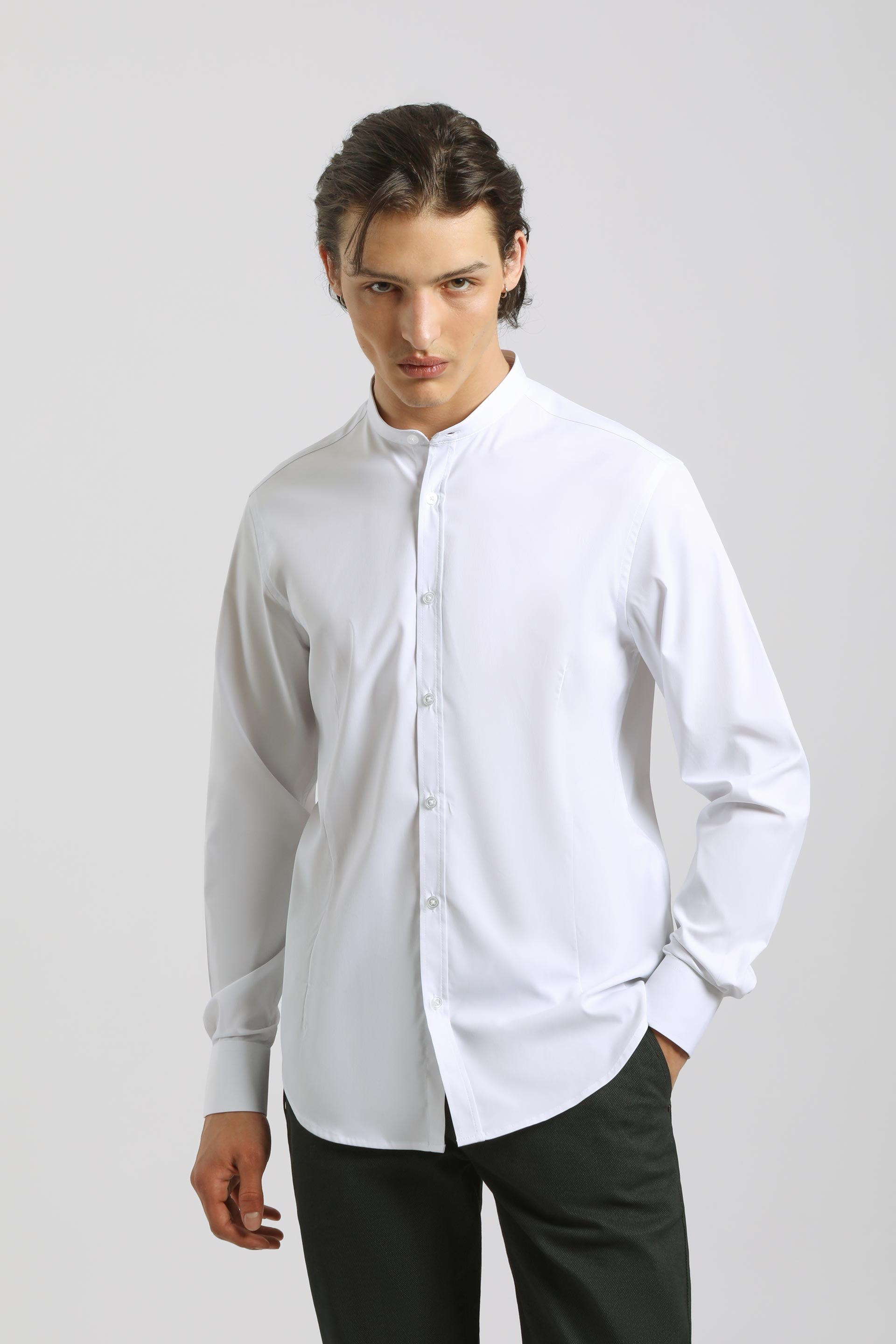 Camicia collo coreano in tessuto elastico|Colore:Bianco