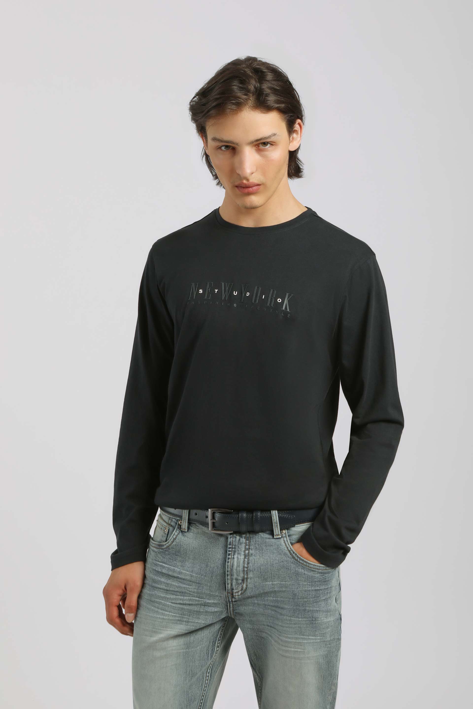 T-shirt manica lunga con stampa|Colore:Blu scuro