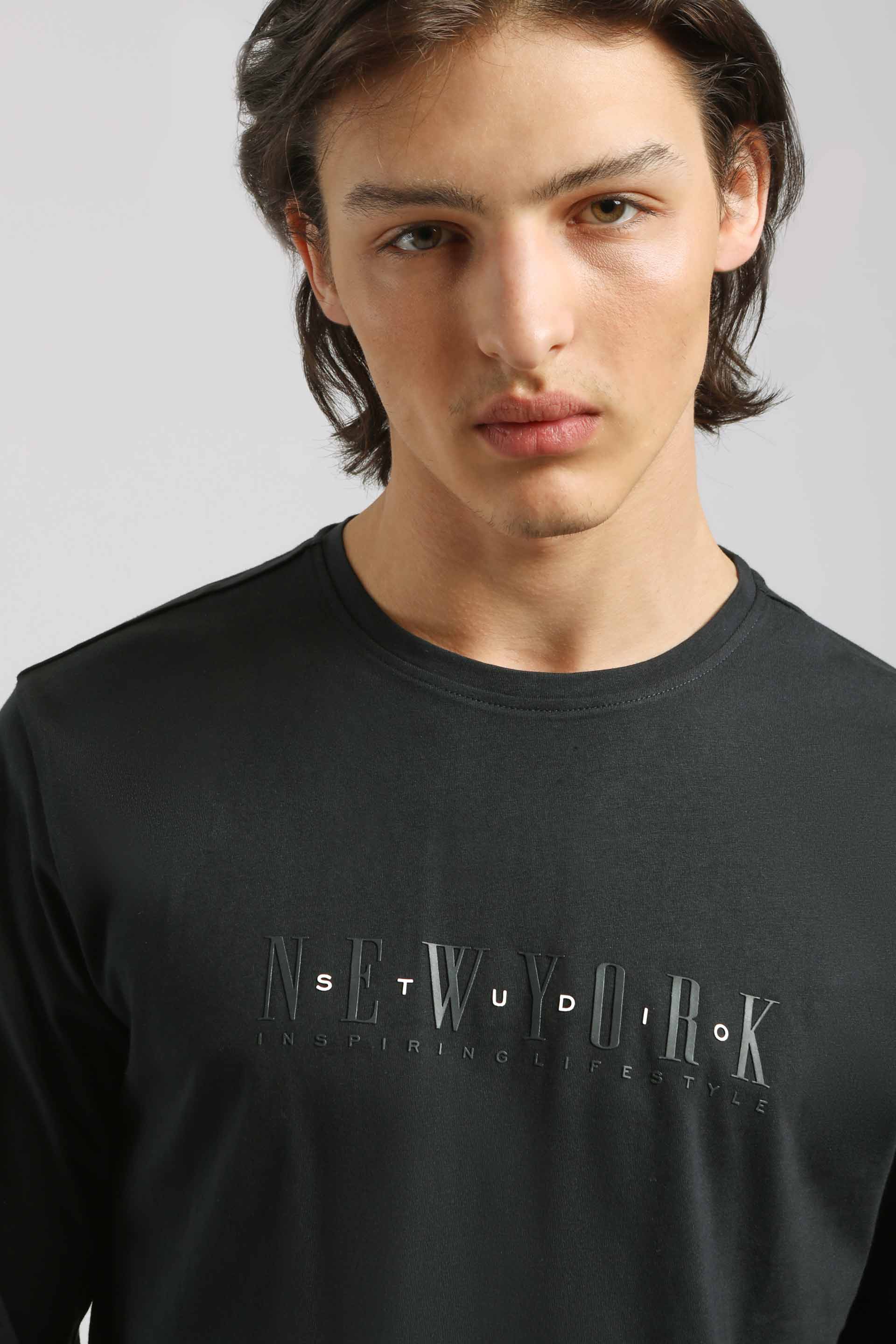 T-shirt manica lunga con stampa|Colore:Blu scuro