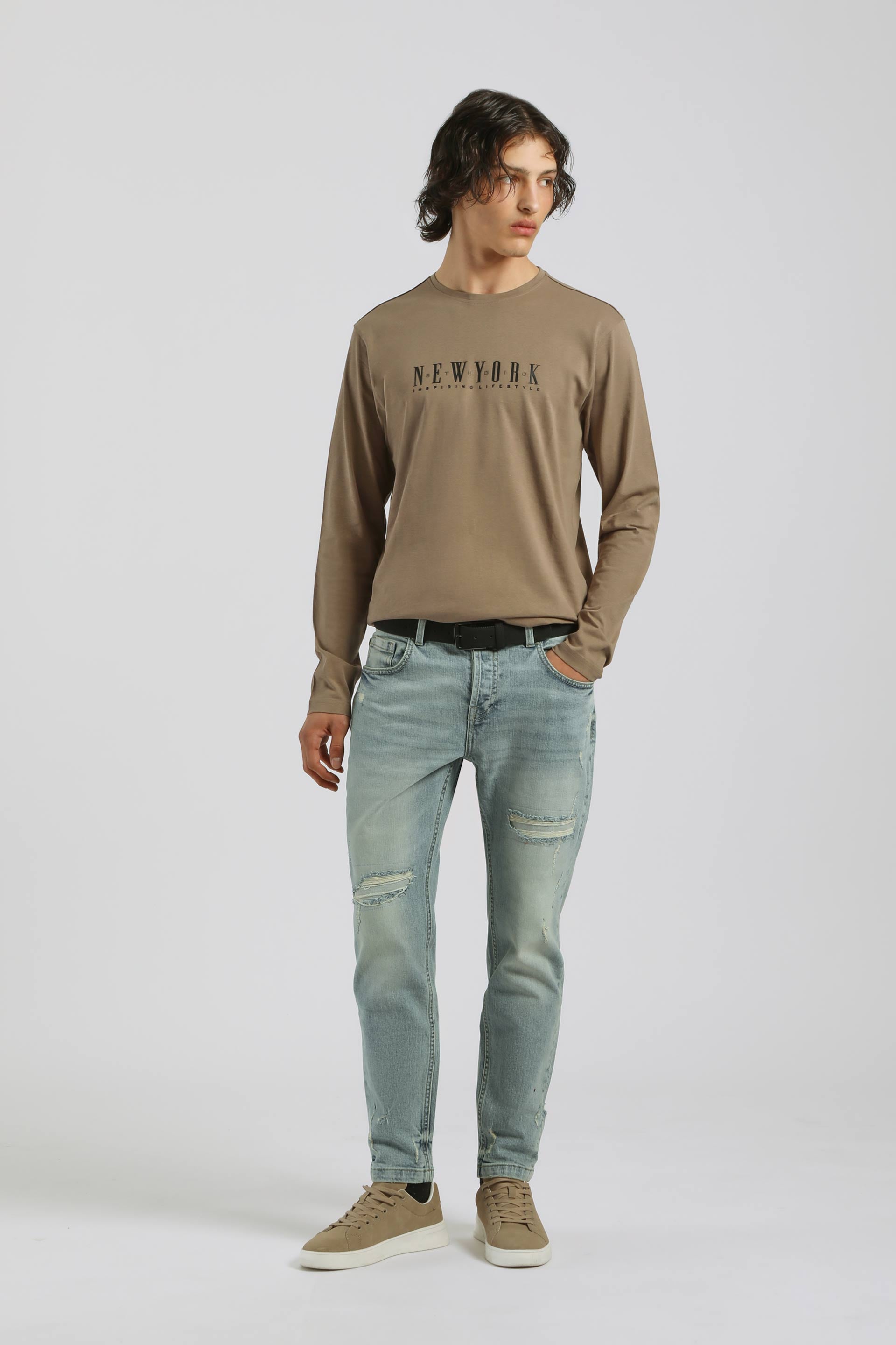 T-shirt manica lunga con stampa|Colore:Fango