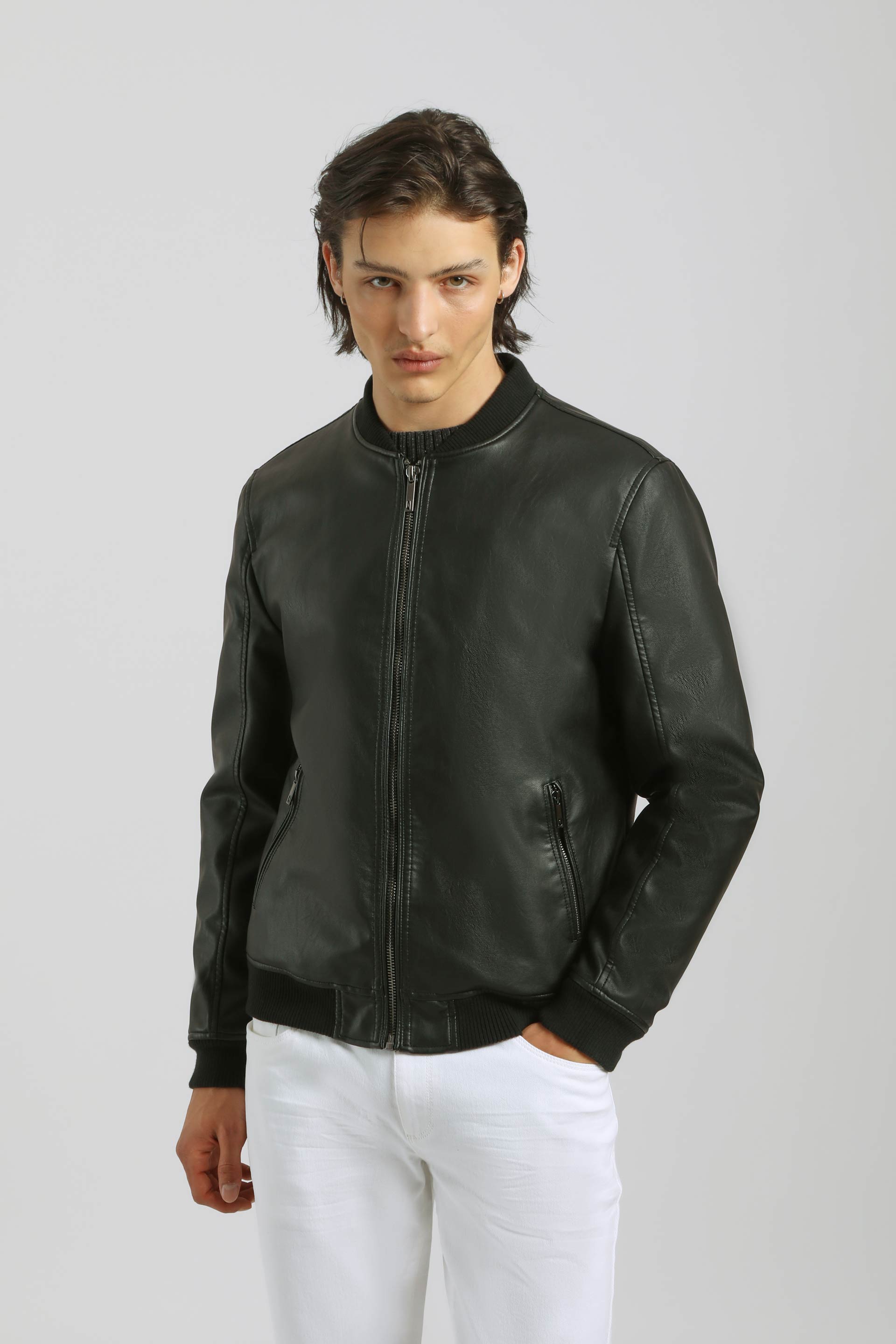 Giubbotto bomber effetto pelle|Colore:Nero