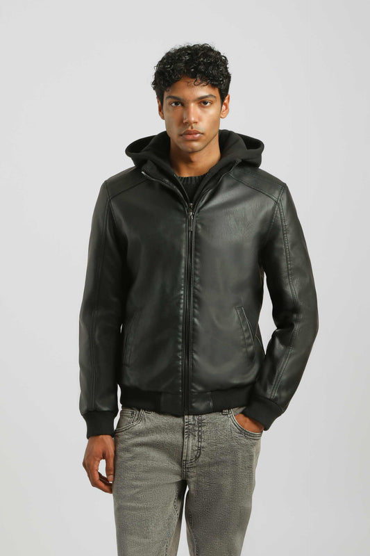 Bomber effetto pelle con cappuccio|Colore:Nero