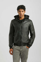 Bomber effetto pelle con cappuccio|Colore:Nero