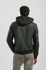 Bomber effetto pelle con cappuccio|Colore:Nero