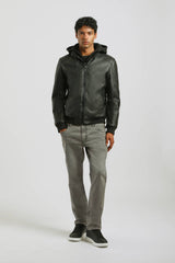 Bomber effetto pelle con cappuccio|Colore:Nero