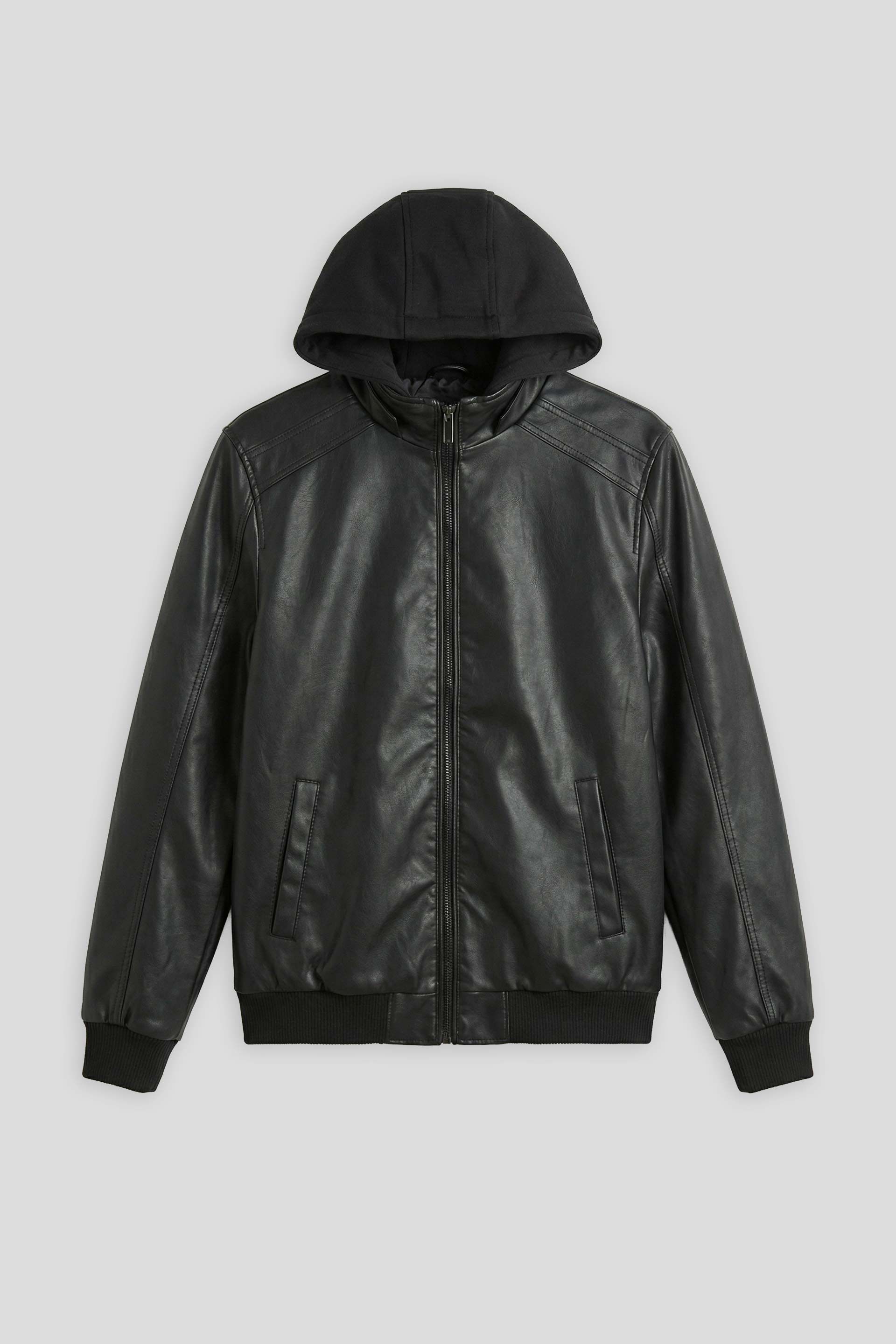 Bomber effetto pelle con cappuccio|Colore:Nero