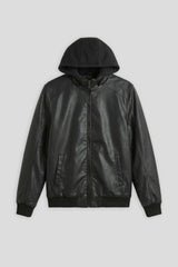 Bomber effetto pelle con cappuccio|Colore:Nero