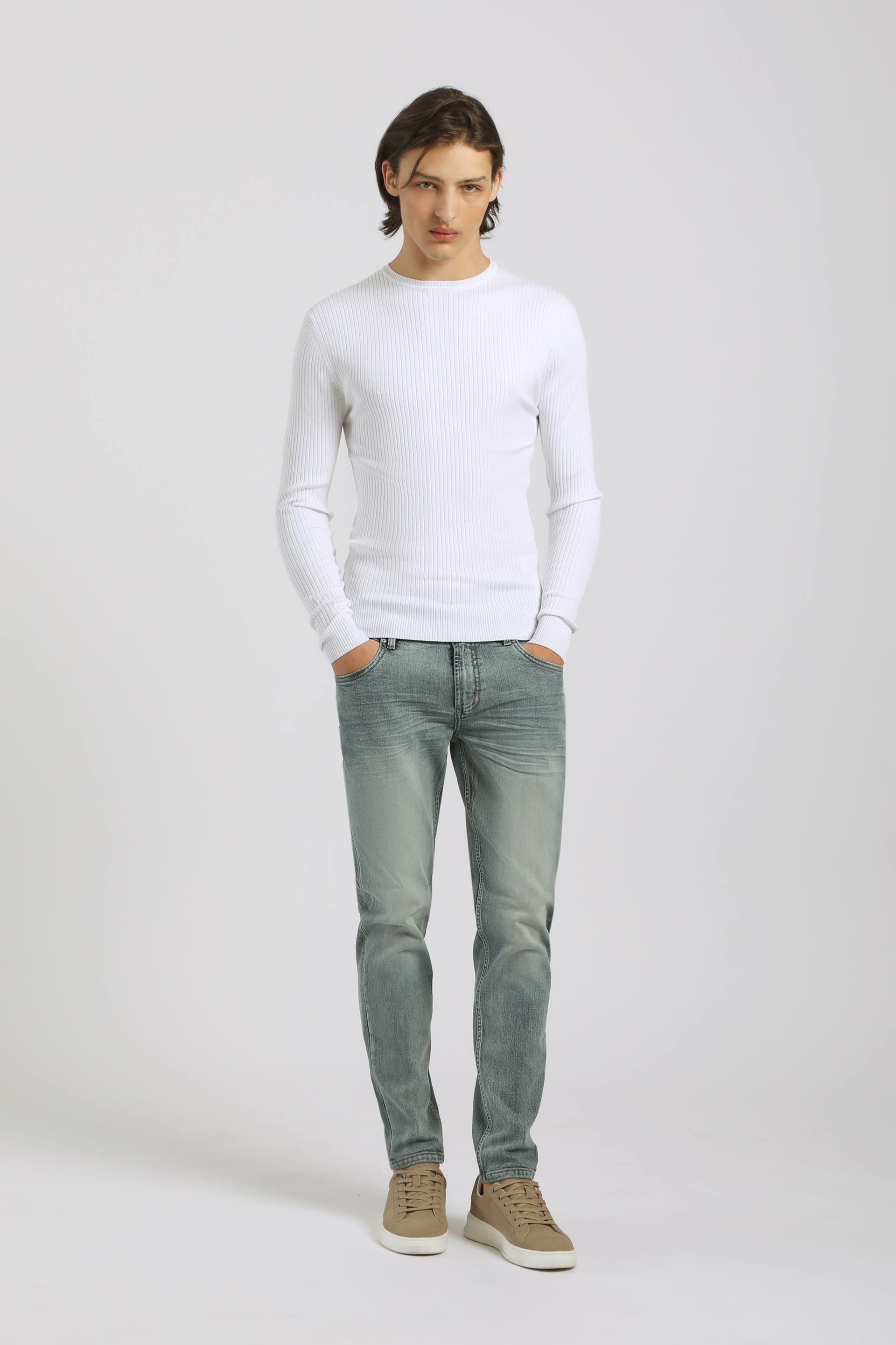 Maglia girocollo a coste|Colore:Bianco