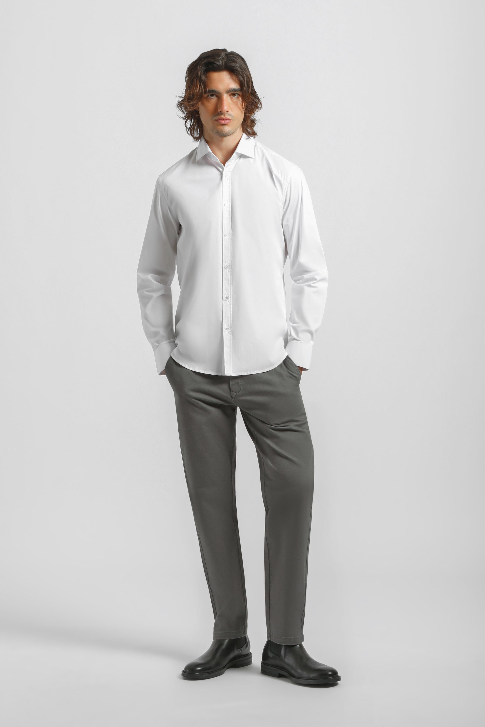 Camicia tinta unita in cotone|Colore:Bianco
