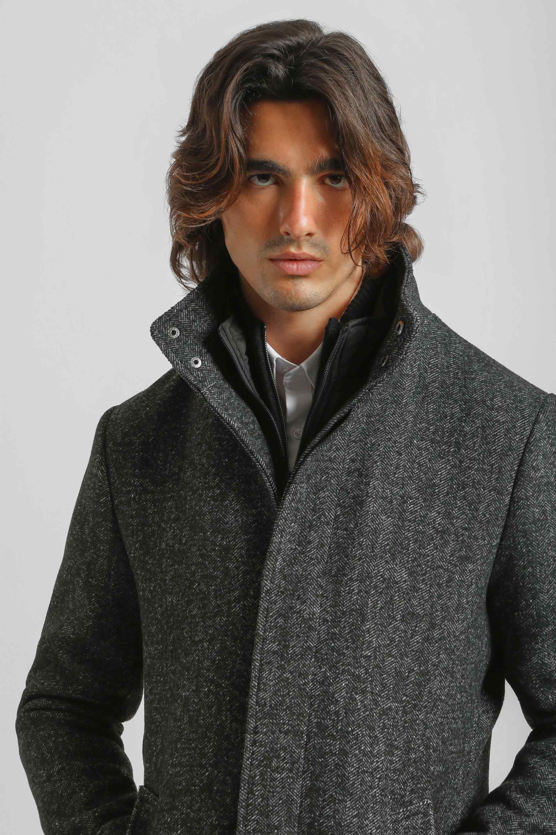 Cappotto collo lupetto fantasia|Colore:Grigio scuro