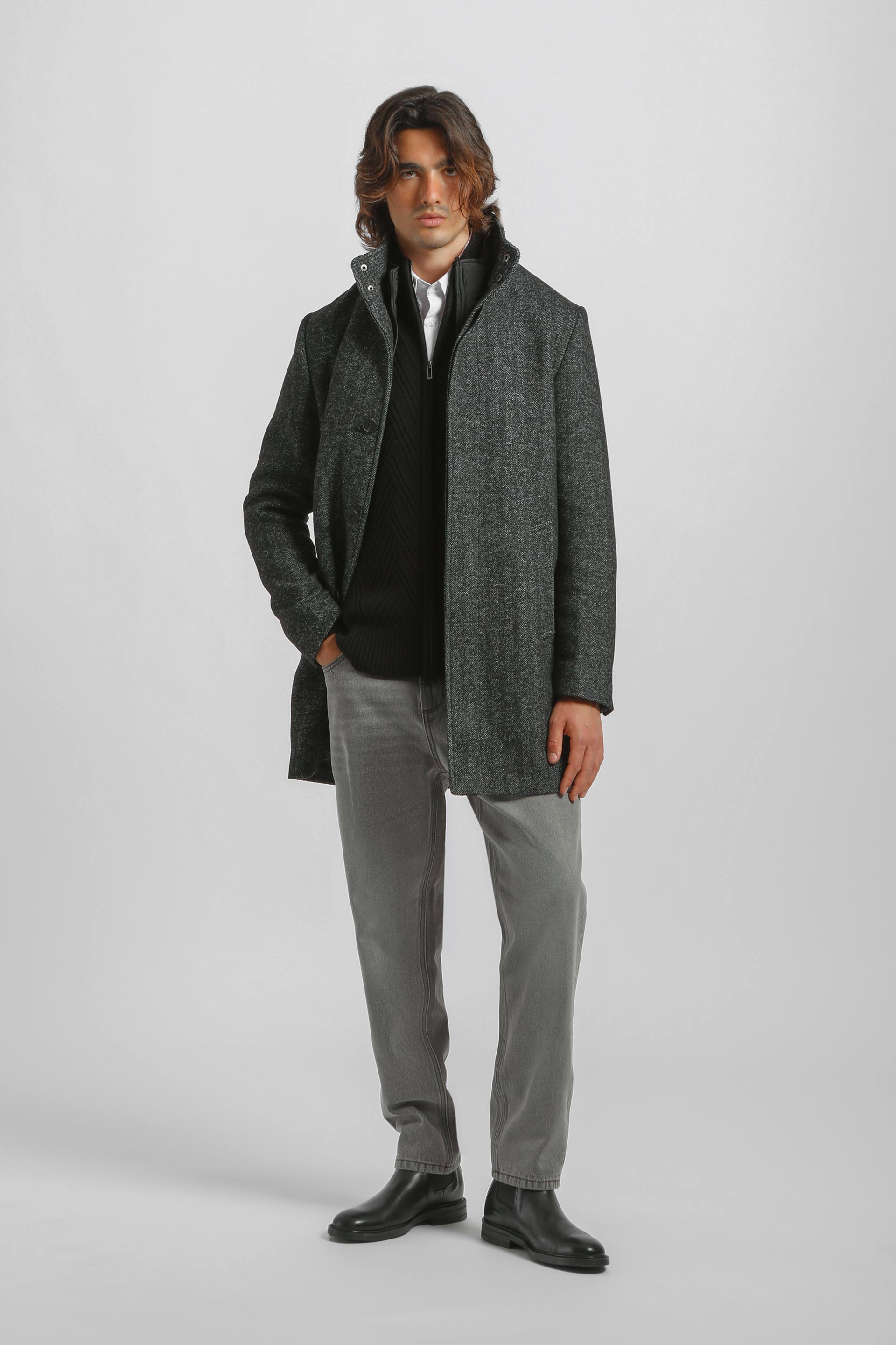 Cappotto collo lupetto fantasia|Colore:Grigio scuro