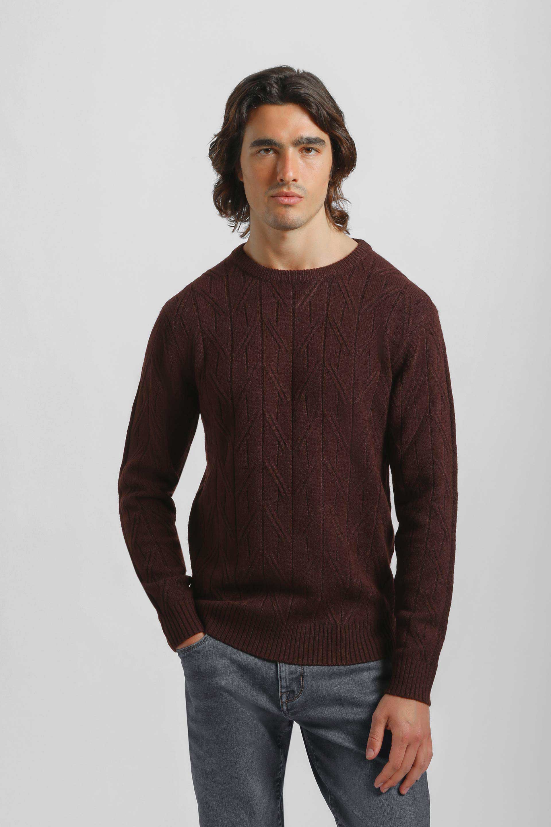 Maglia girocollo con treccia|Colore:Vinaccio