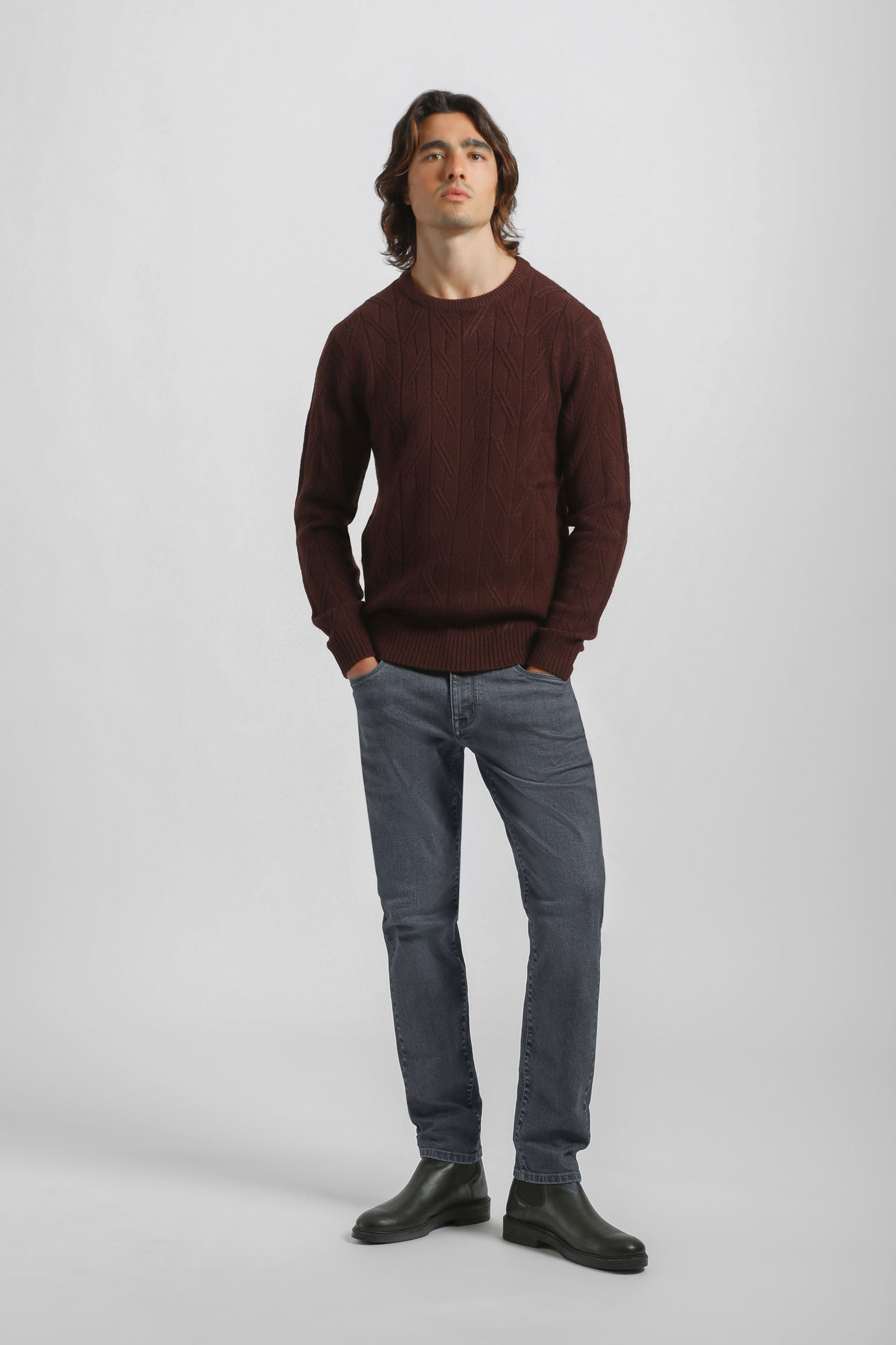 Maglia girocollo con treccia|Colore:Vinaccio