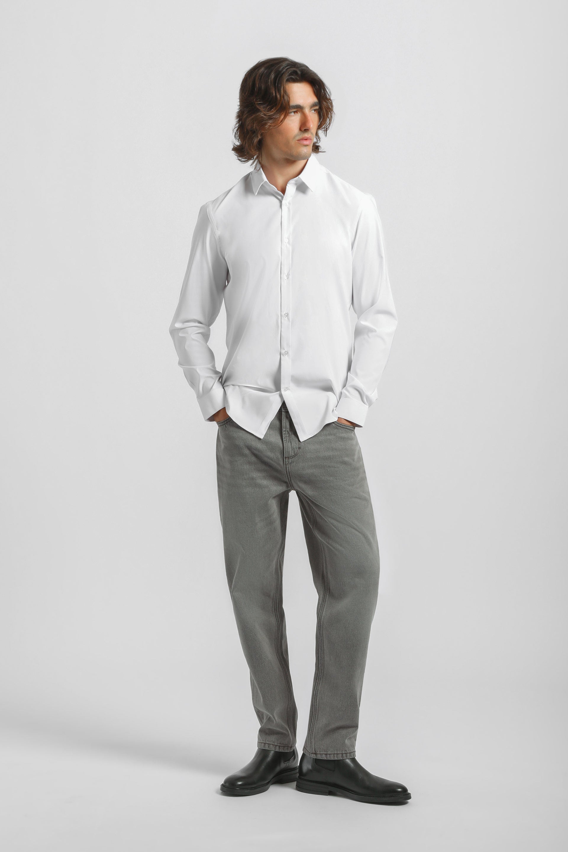 Camicia tinta unita in tessuto elastico|Colore:Bianco