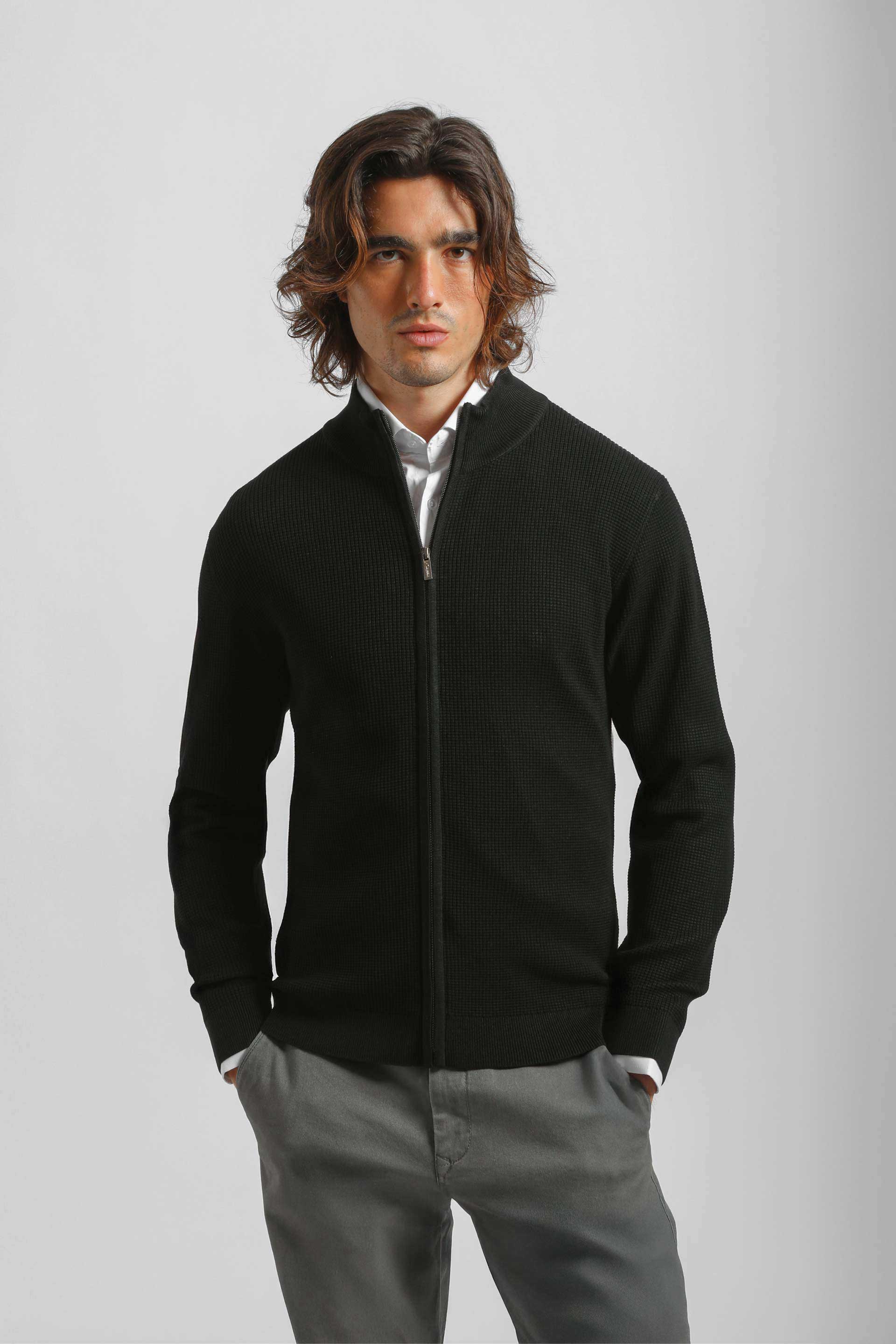 Cardigan in viscosa con zip|Colore:Nero