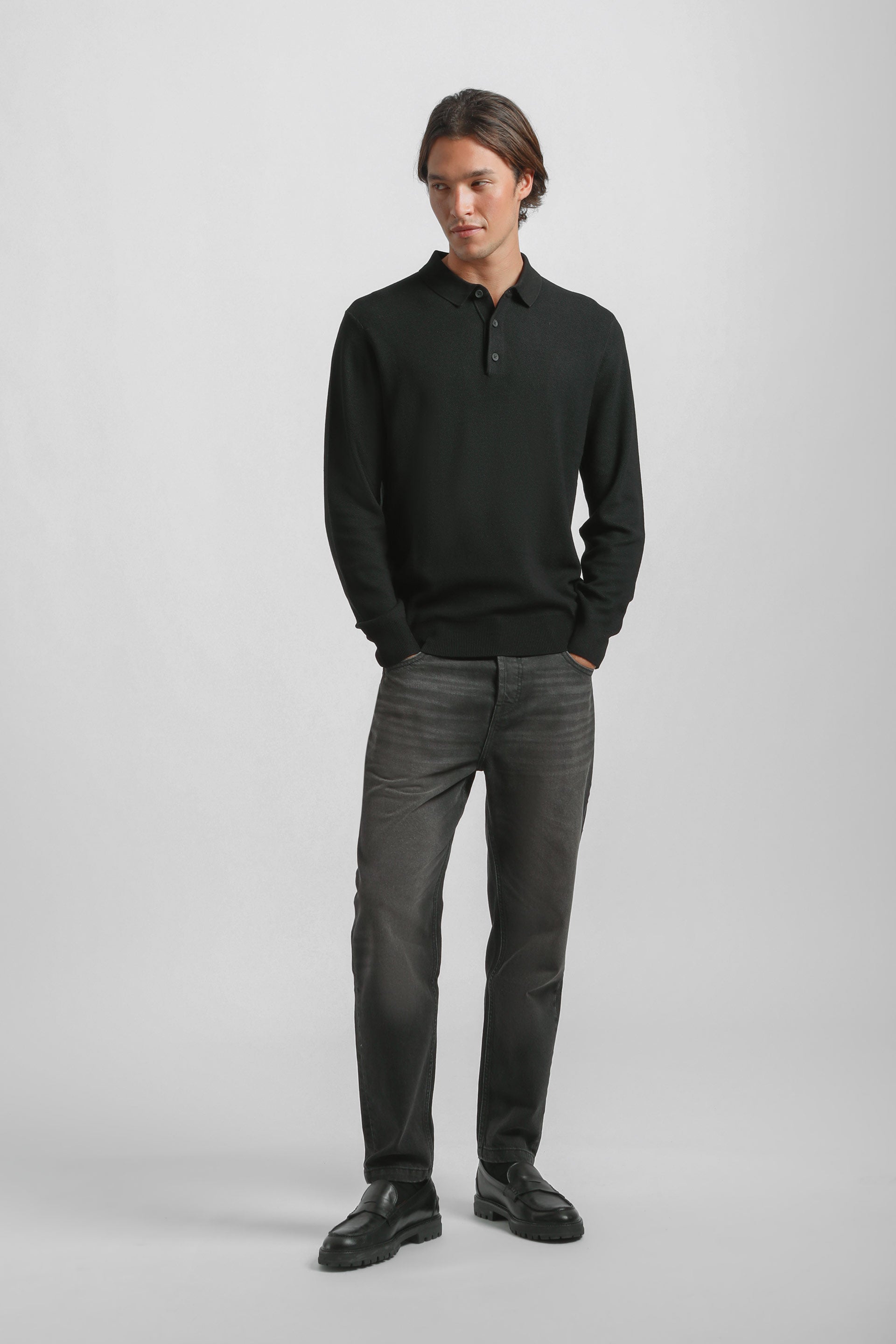Polo manica lunga con bottoni|Colore:Nero