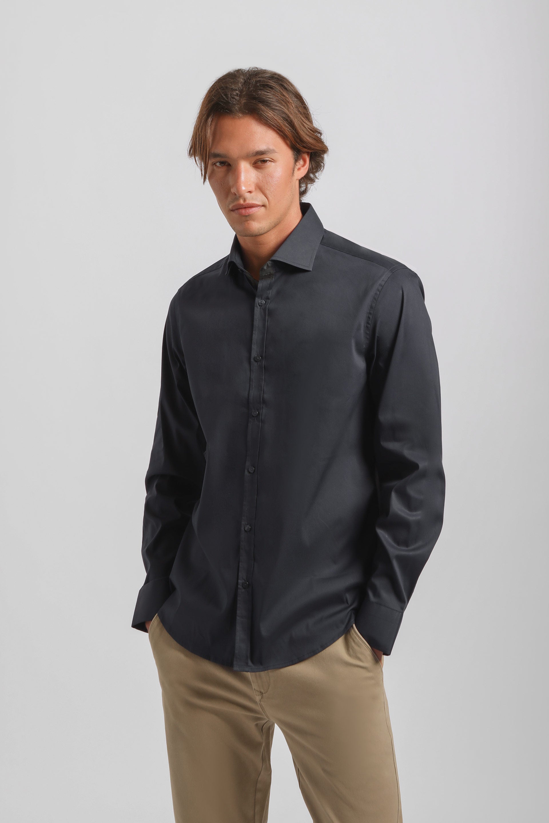 Camicia tinta unita in cotone|Colore:Blue