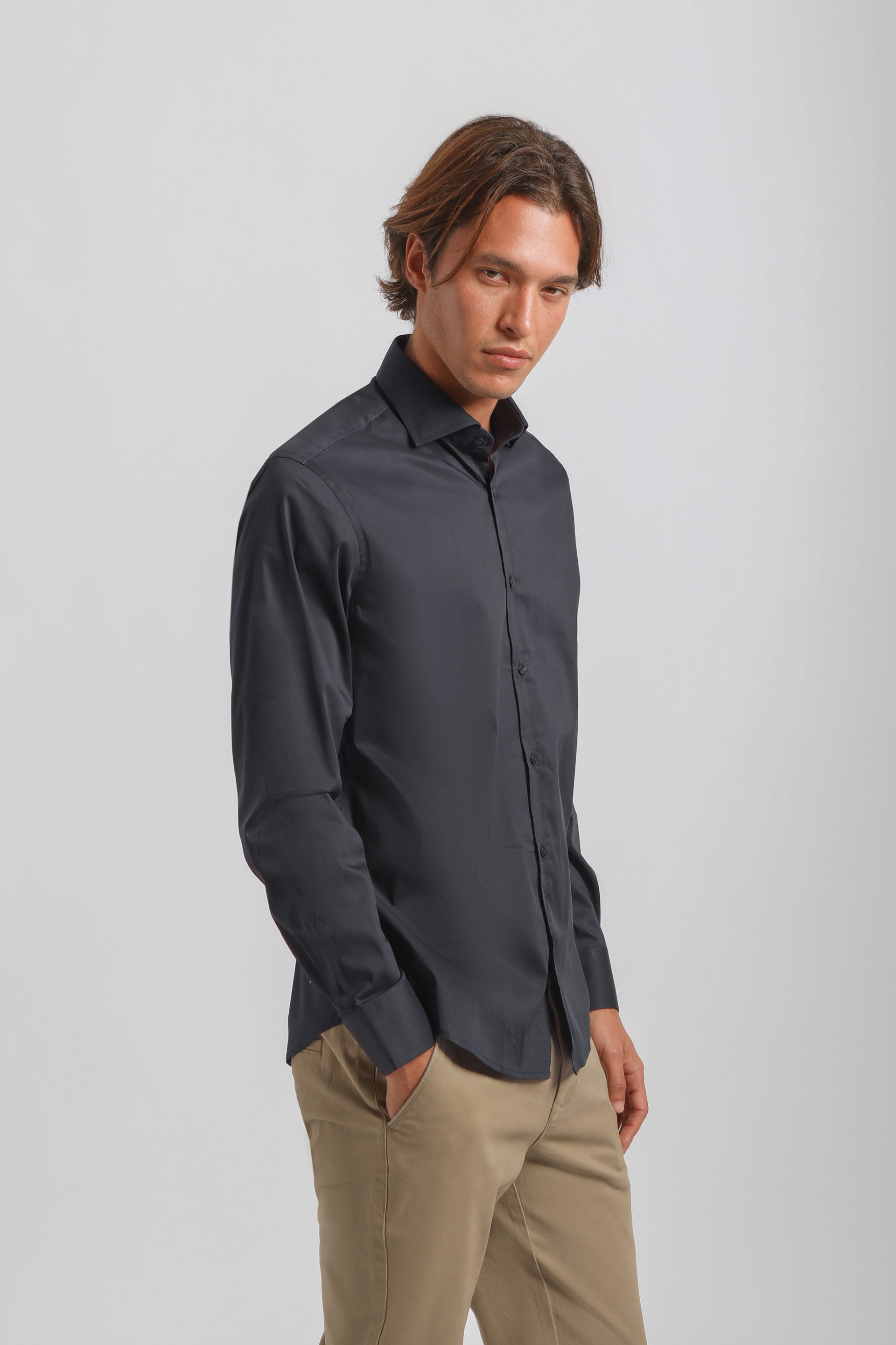 Camicia tinta unita in cotone|Colore:Blue