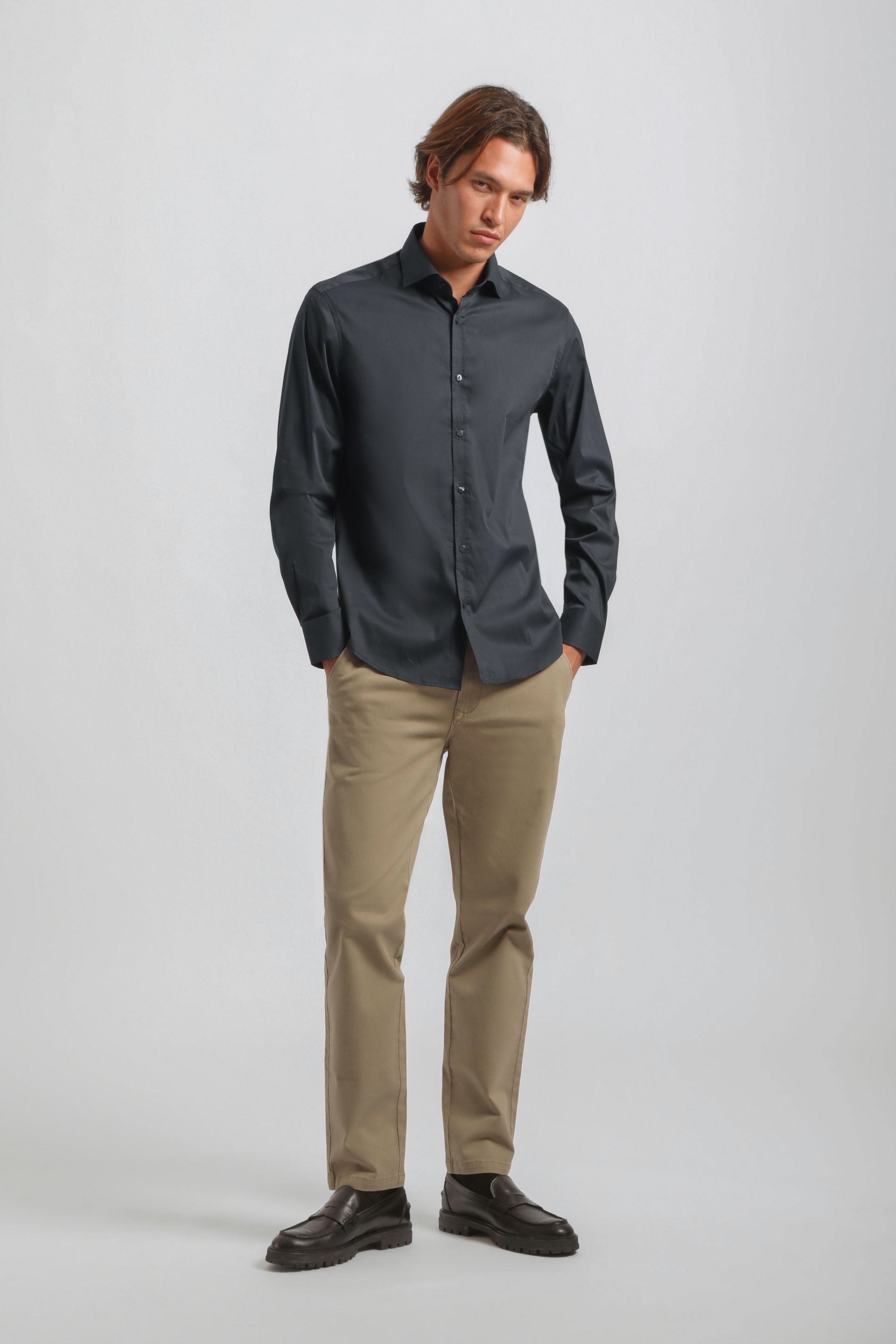 Camicia tinta unita in cotone|Colore:Blue