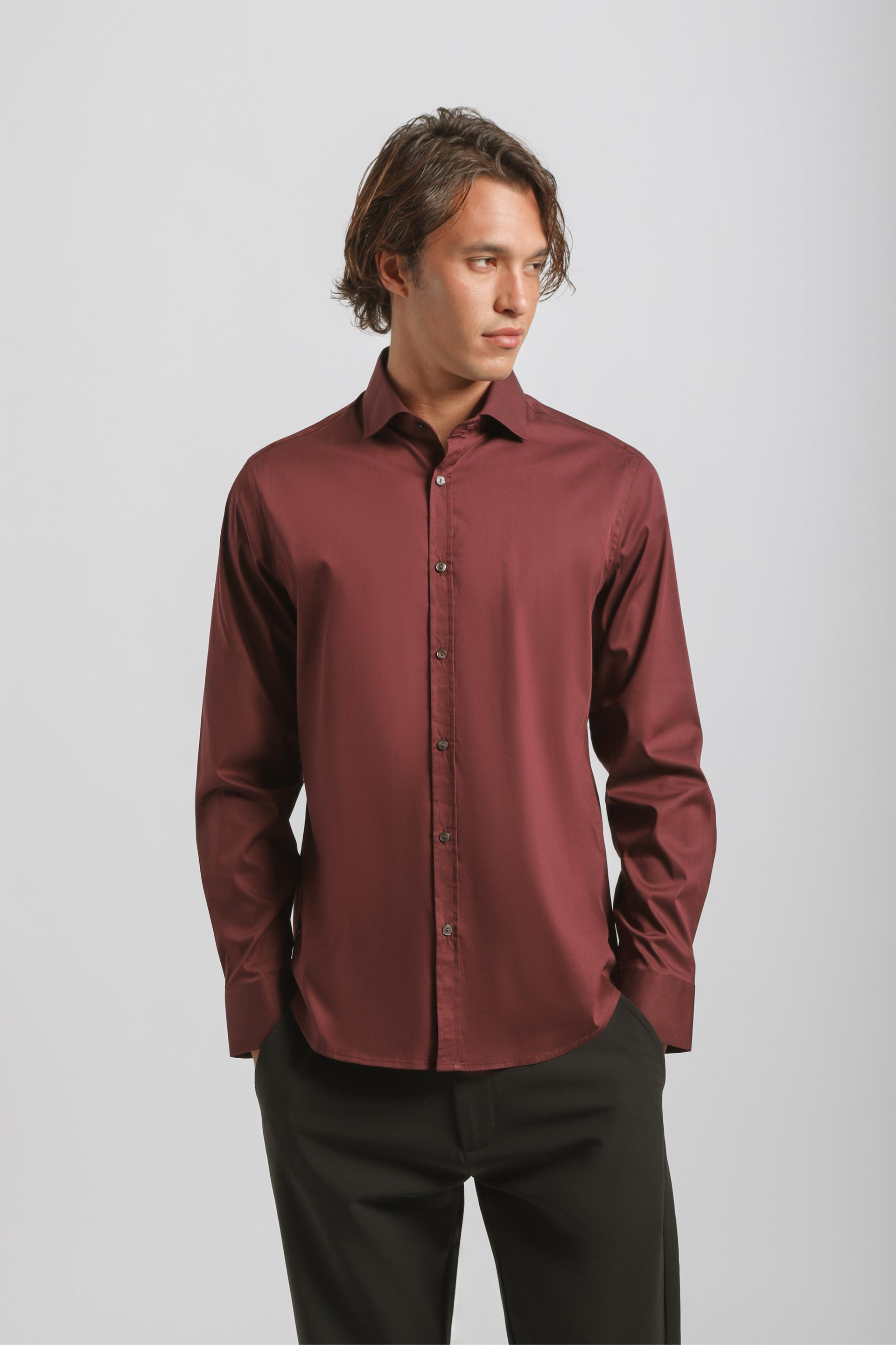 Camicia tinta unita in cotone|Colore:Bordeaux