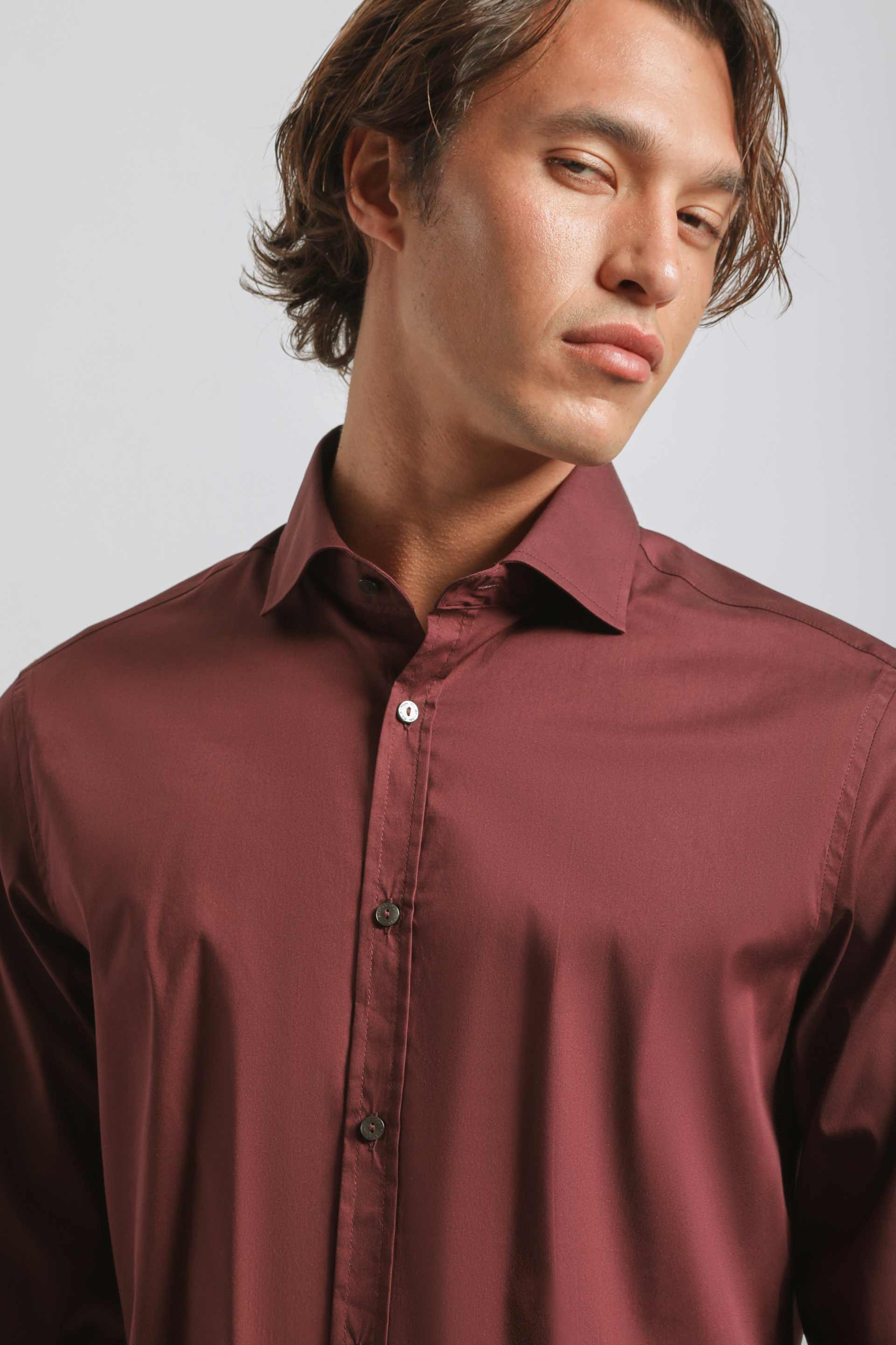 Camicia tinta unita in cotone|Colore:Bordeaux