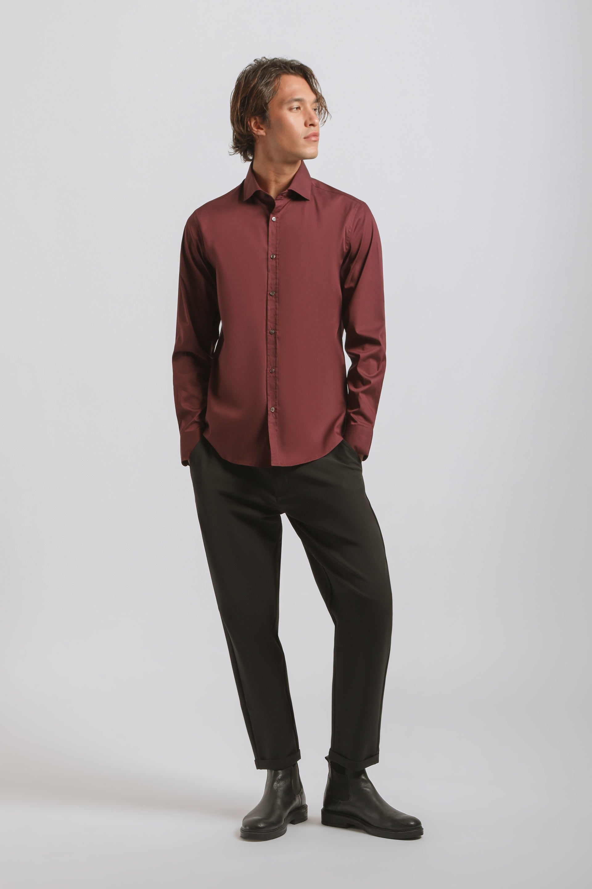 Camicia tinta unita in cotone|Colore:Bordeaux