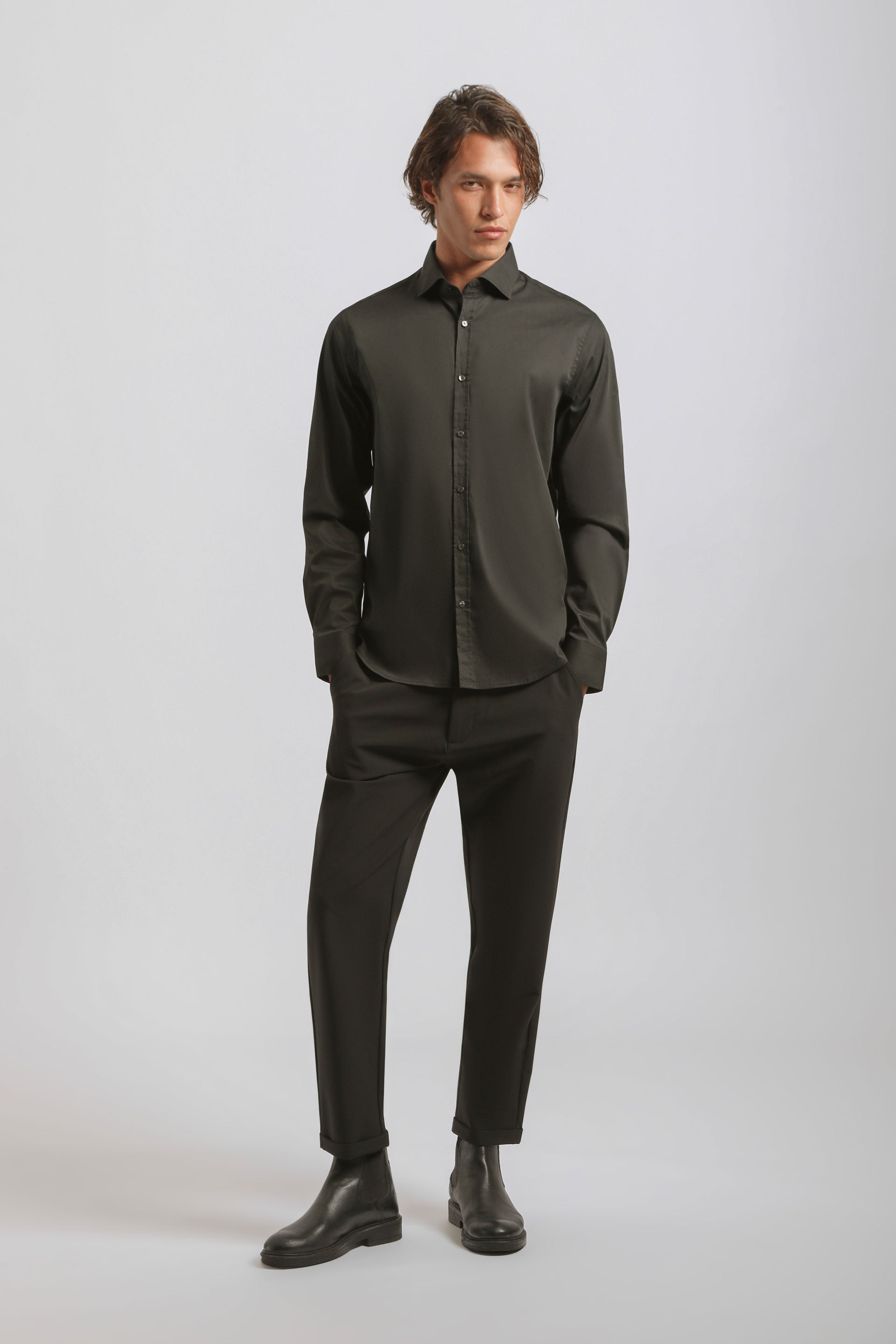 Camicia tinta unita in cotone|Colore:Nero