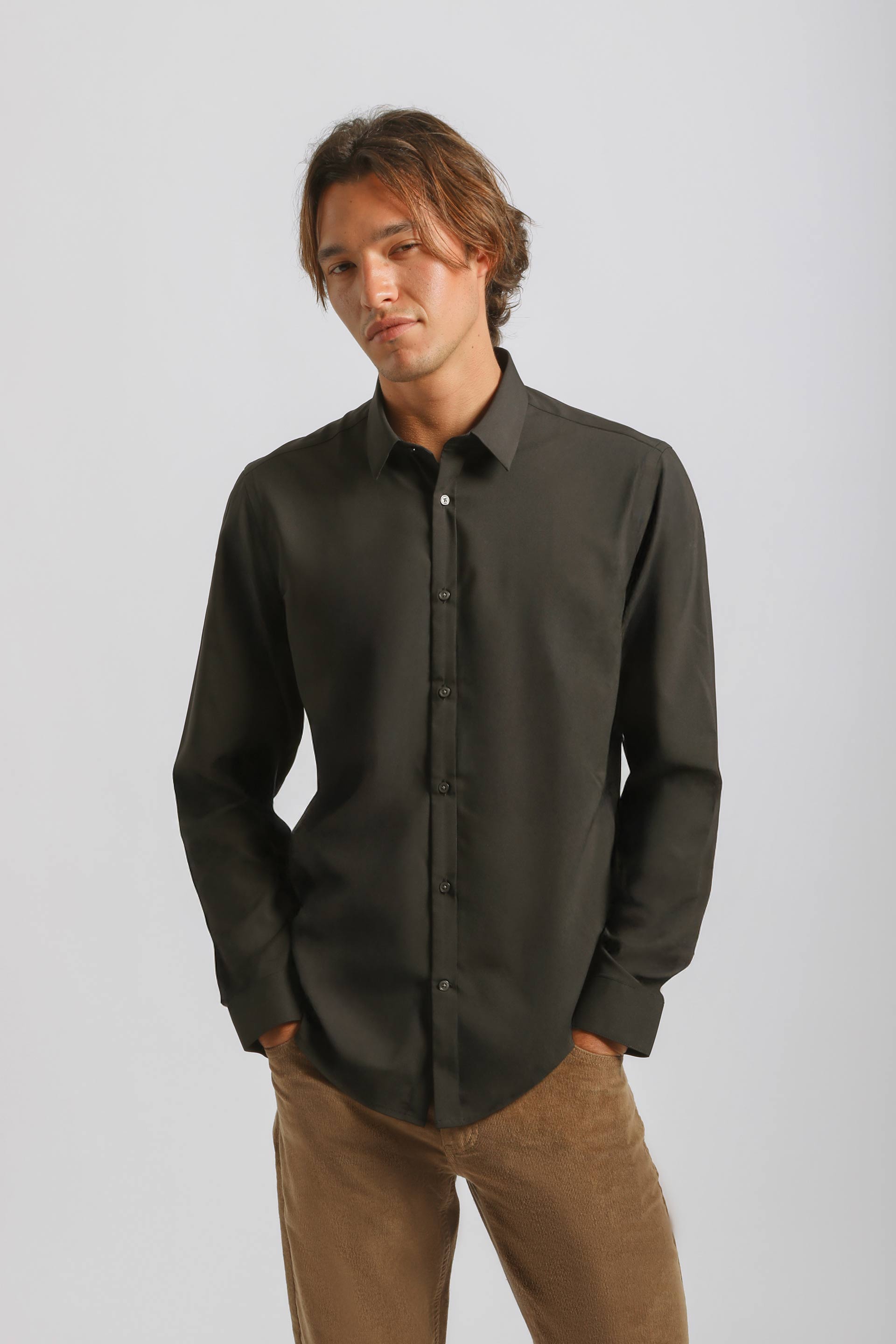 Camicia tinta unita in tessuto elastico|Colore:Nero