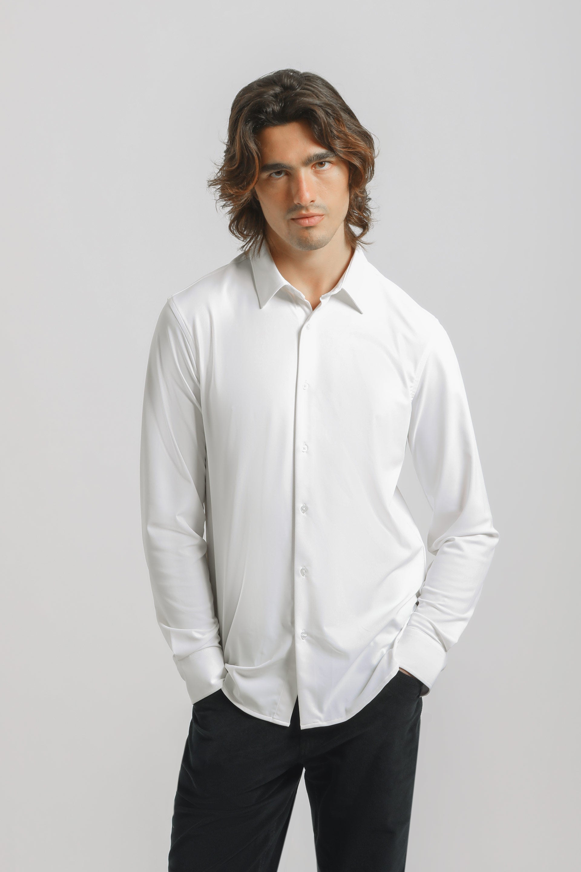 Camicia tinta unita in tessuto elastico|Colore:Bianco