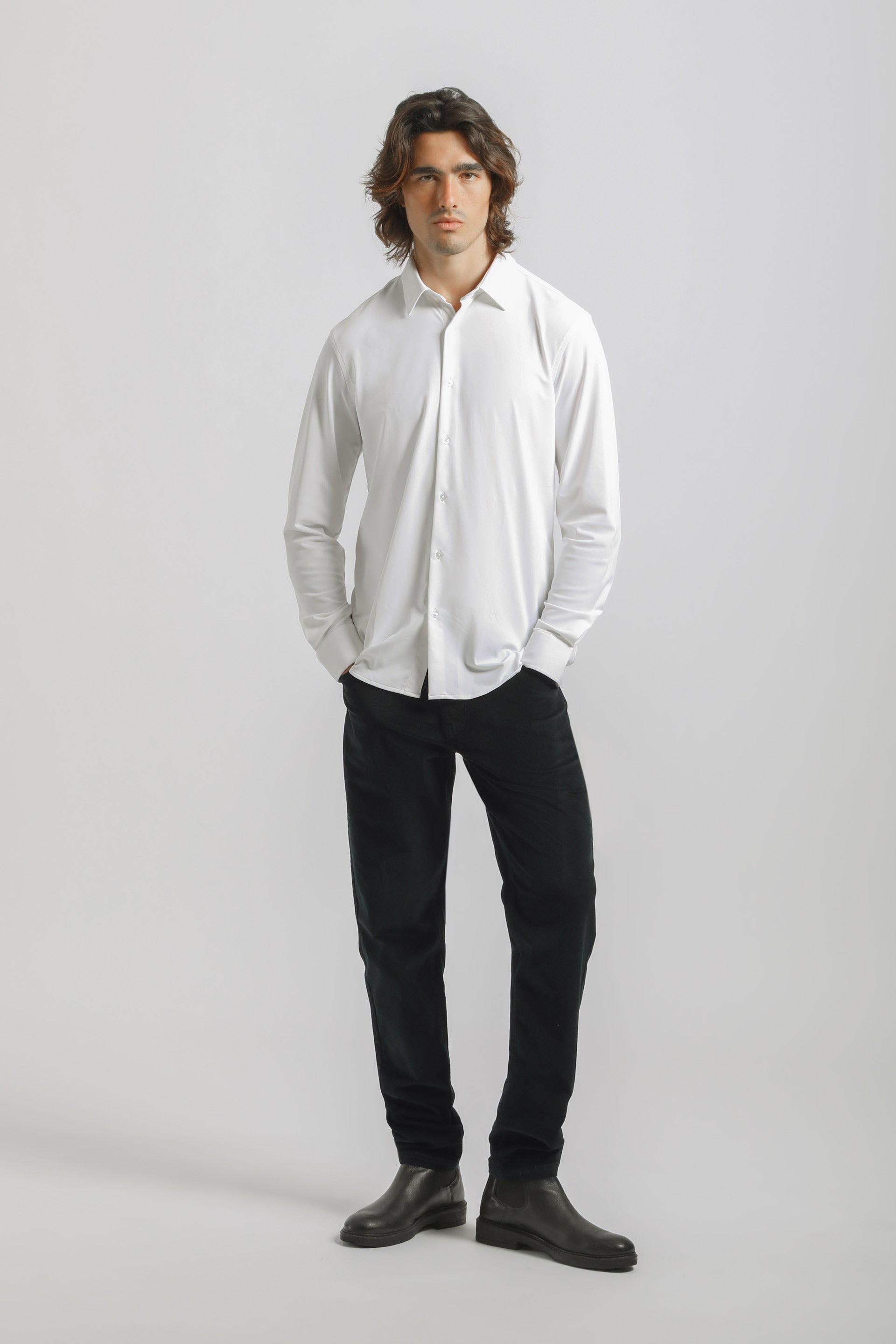Camicia tinta unita in tessuto elastico|Colore:Bianco