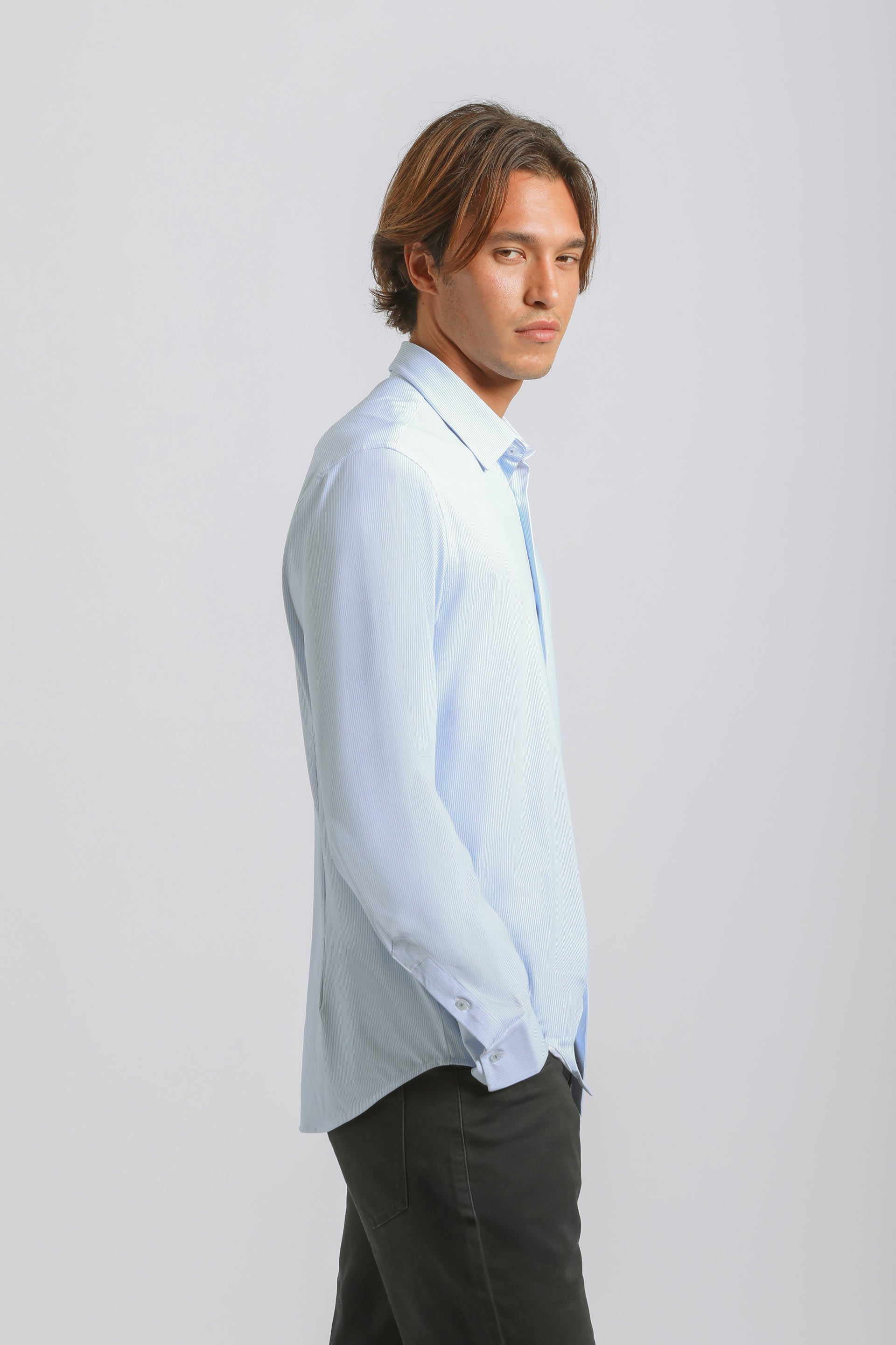 Camicia manica lunga a righe|Colore:Celeste