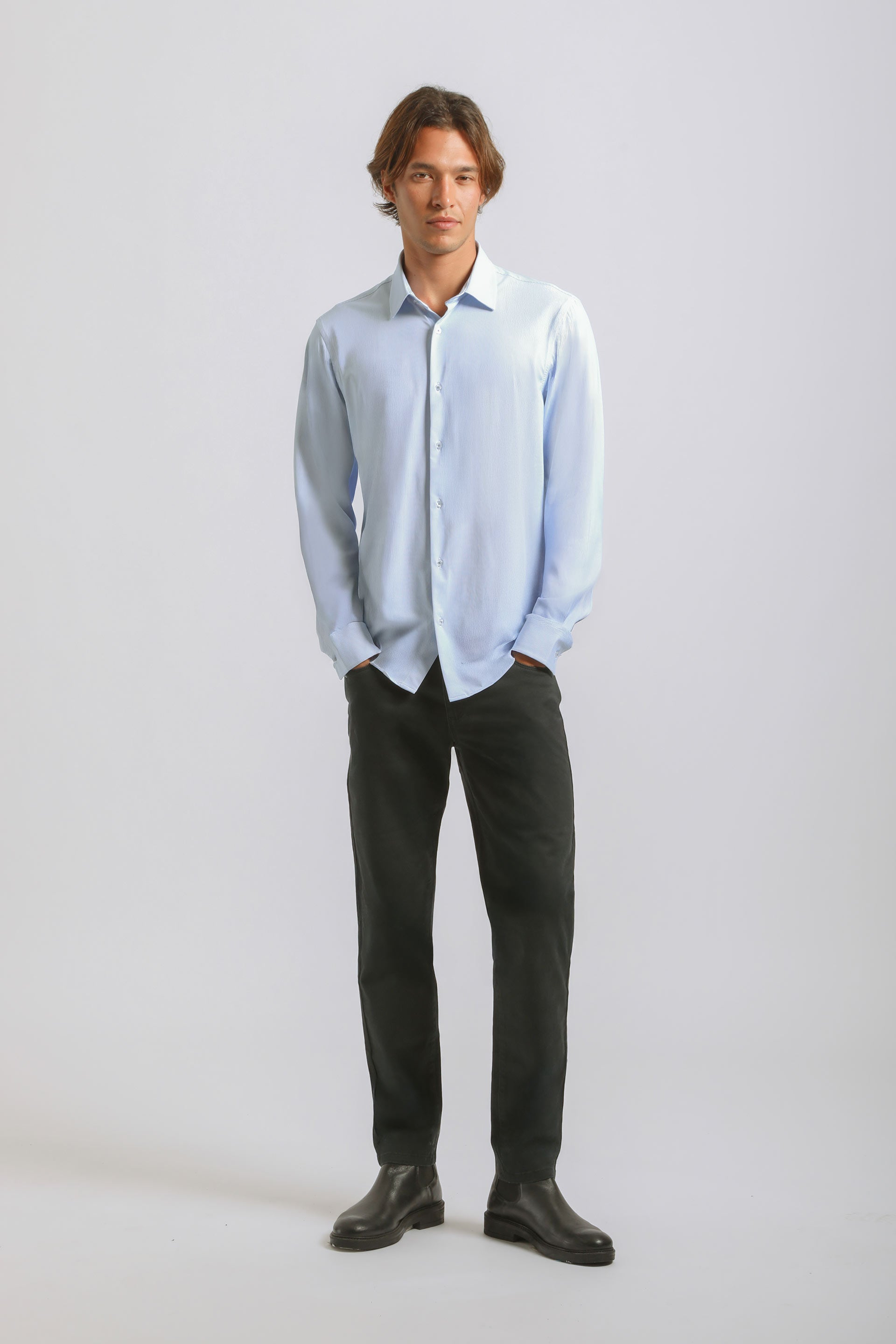 Camicia manica lunga a righe|Colore:Celeste