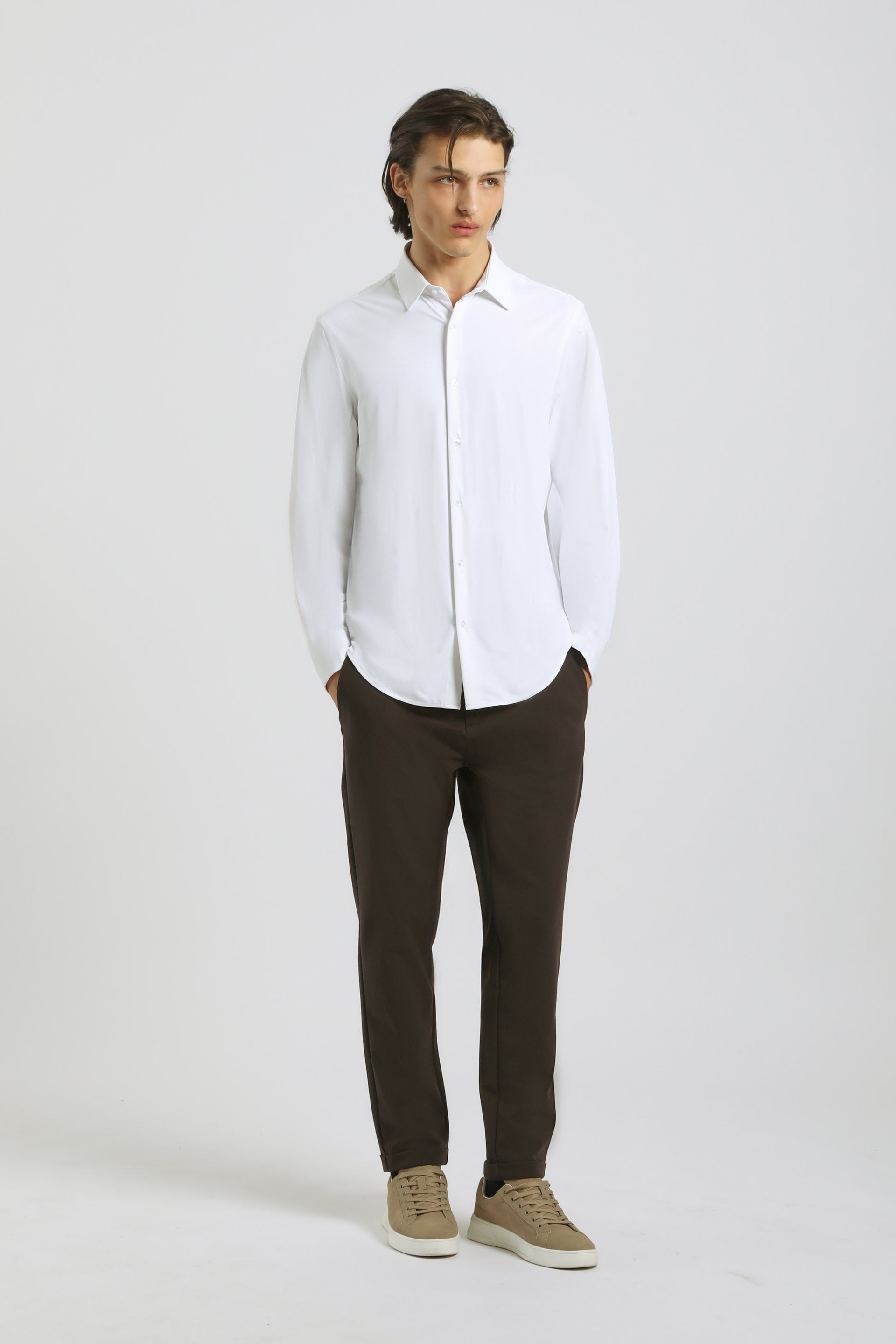 Camicia tinta unita in tessuto elastico|Colore:Bianco