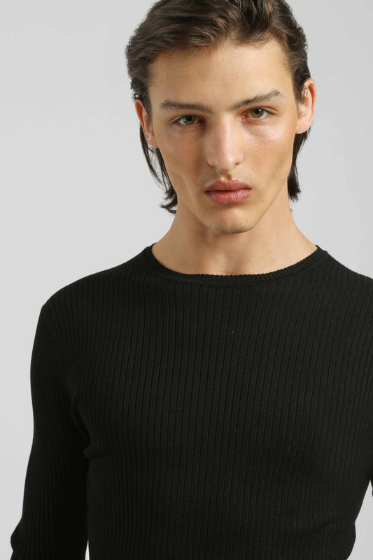 Maglia girocollo a coste|Colore:Nero