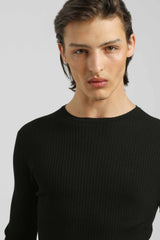 Maglia girocollo a coste|Colore:Nero