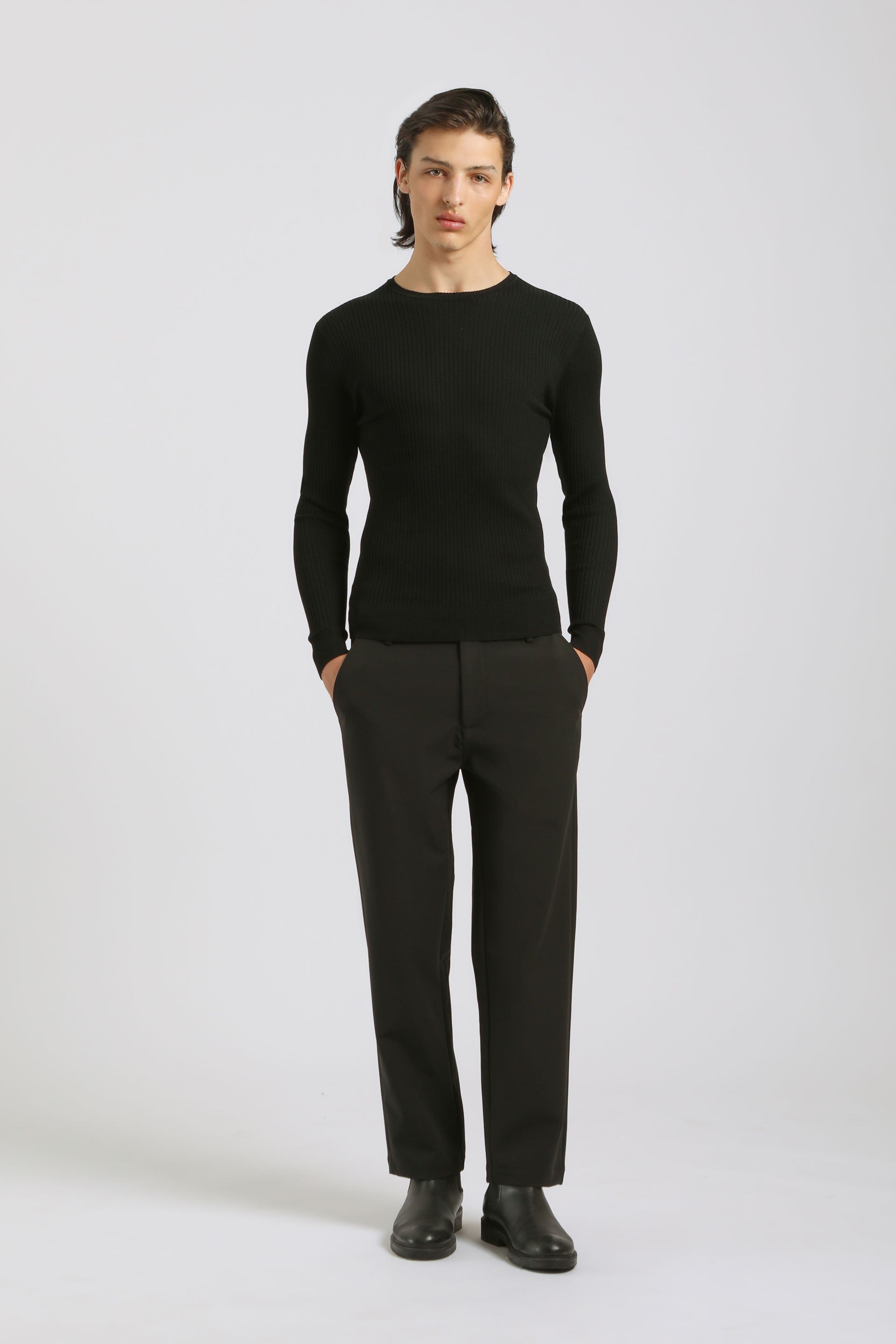 Maglia girocollo a coste|Colore:Nero