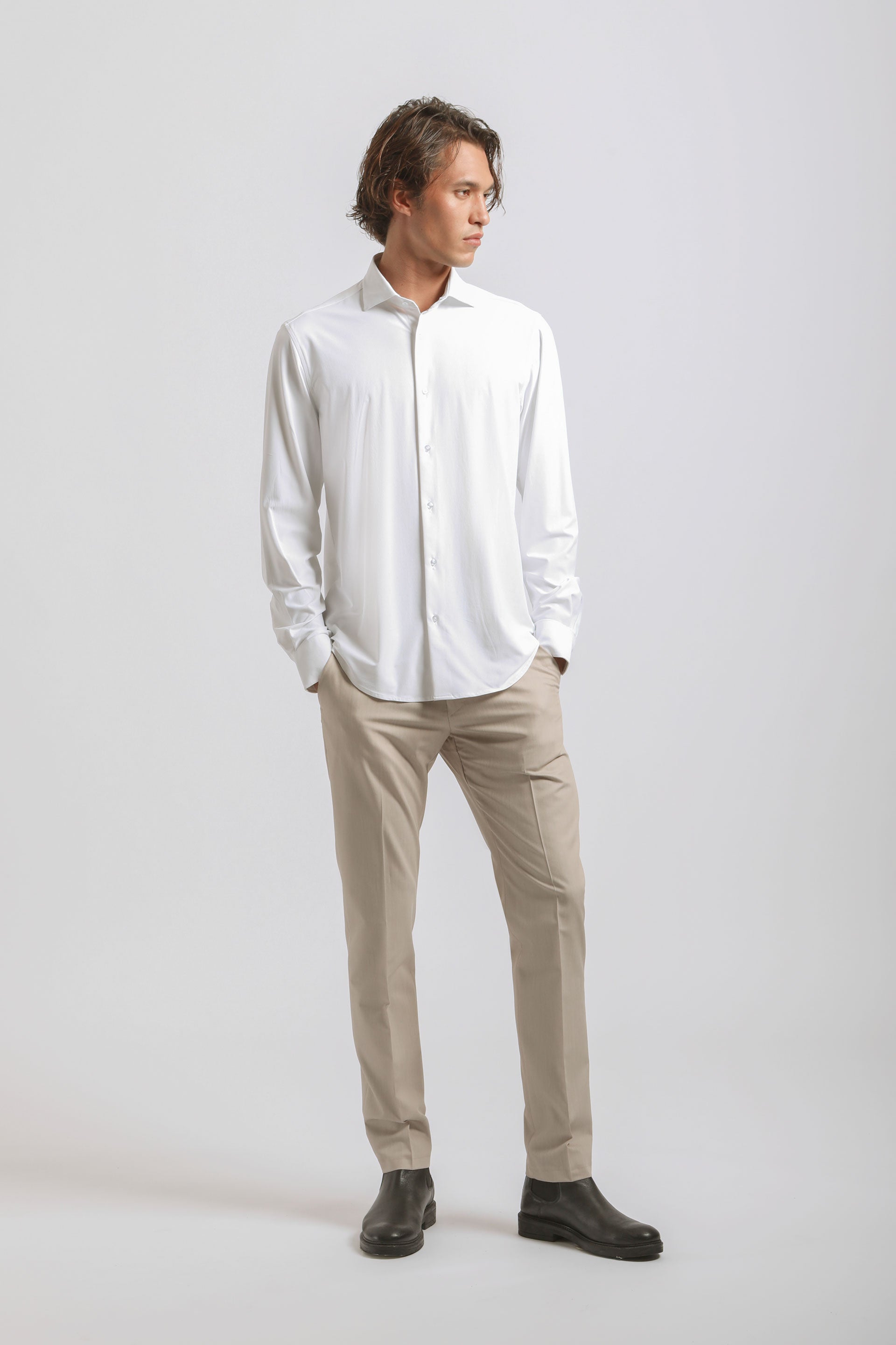 Camicia tinta unita in tessuto elastico|Colore:Bianco
