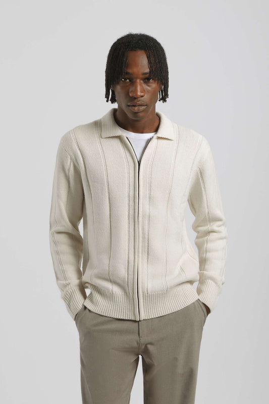 Cardigan a coste con zip|Colore:Off white