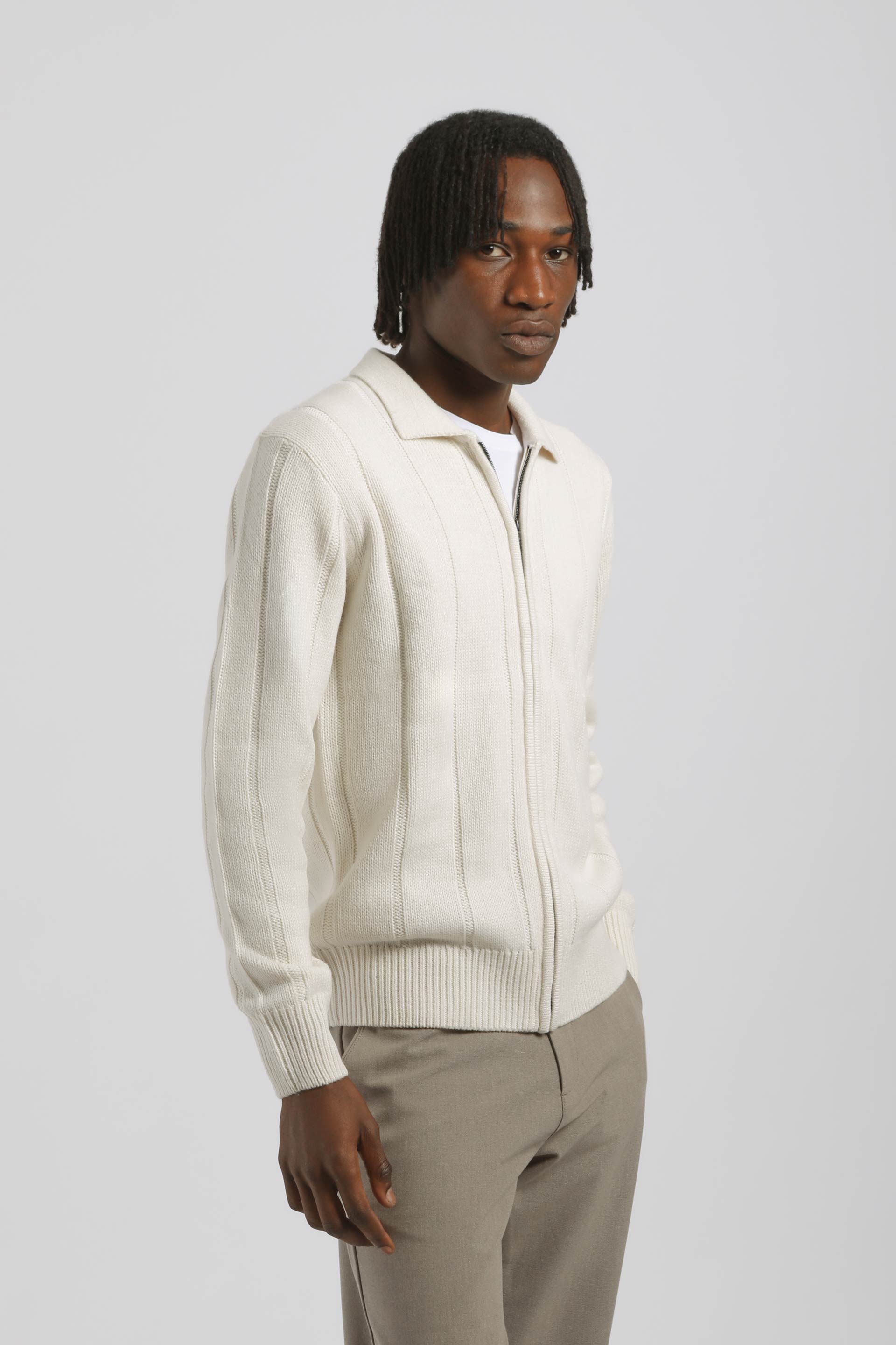 Cardigan a coste con zip|Colore:Off white