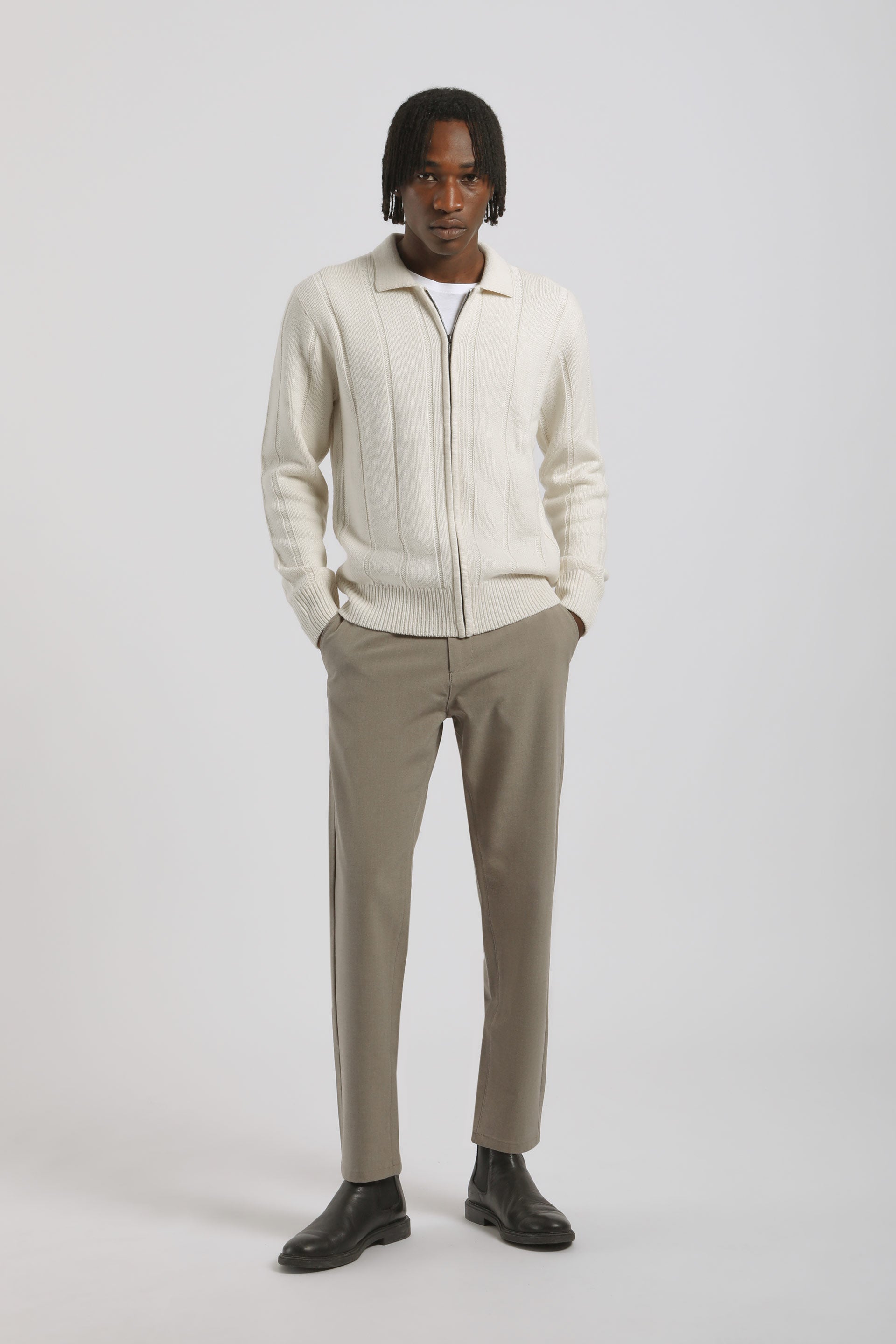 Cardigan a coste con zip|Colore:Off white