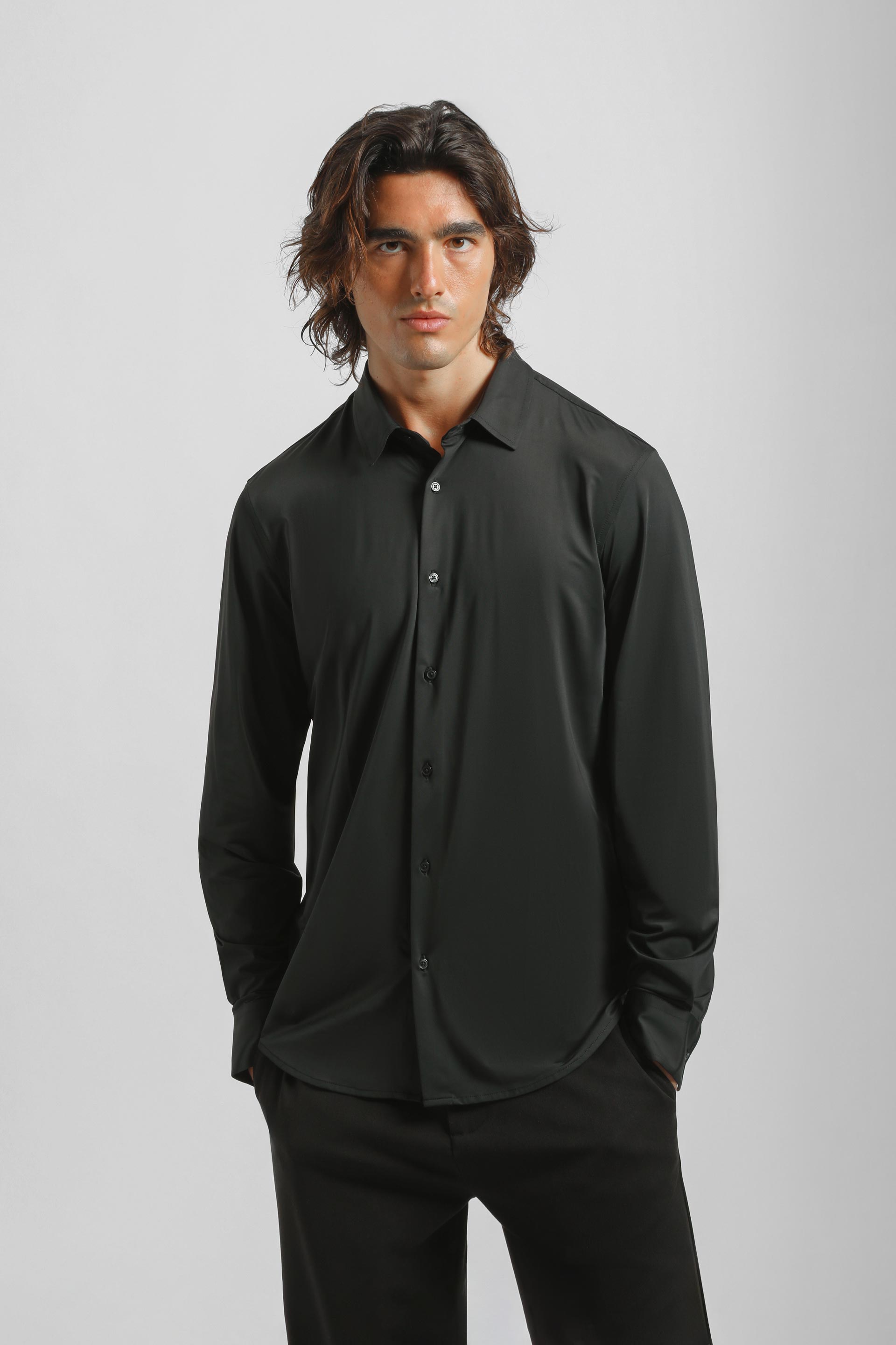 Camicia tinta unita in tessuto elastico|Colore:Nero