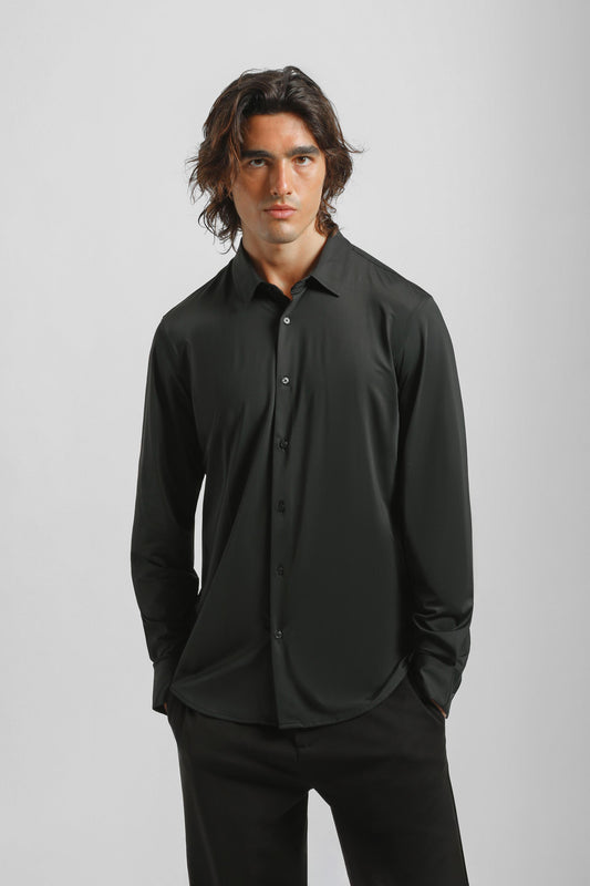 Camicia tinta unita in tessuto elastico|Colore:Nero