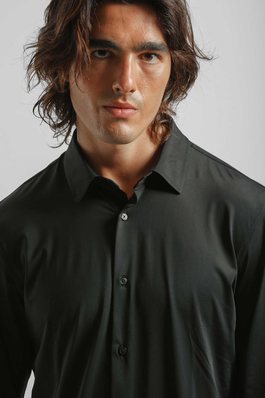 Camicia tinta unita in tessuto elastico|Colore:Nero