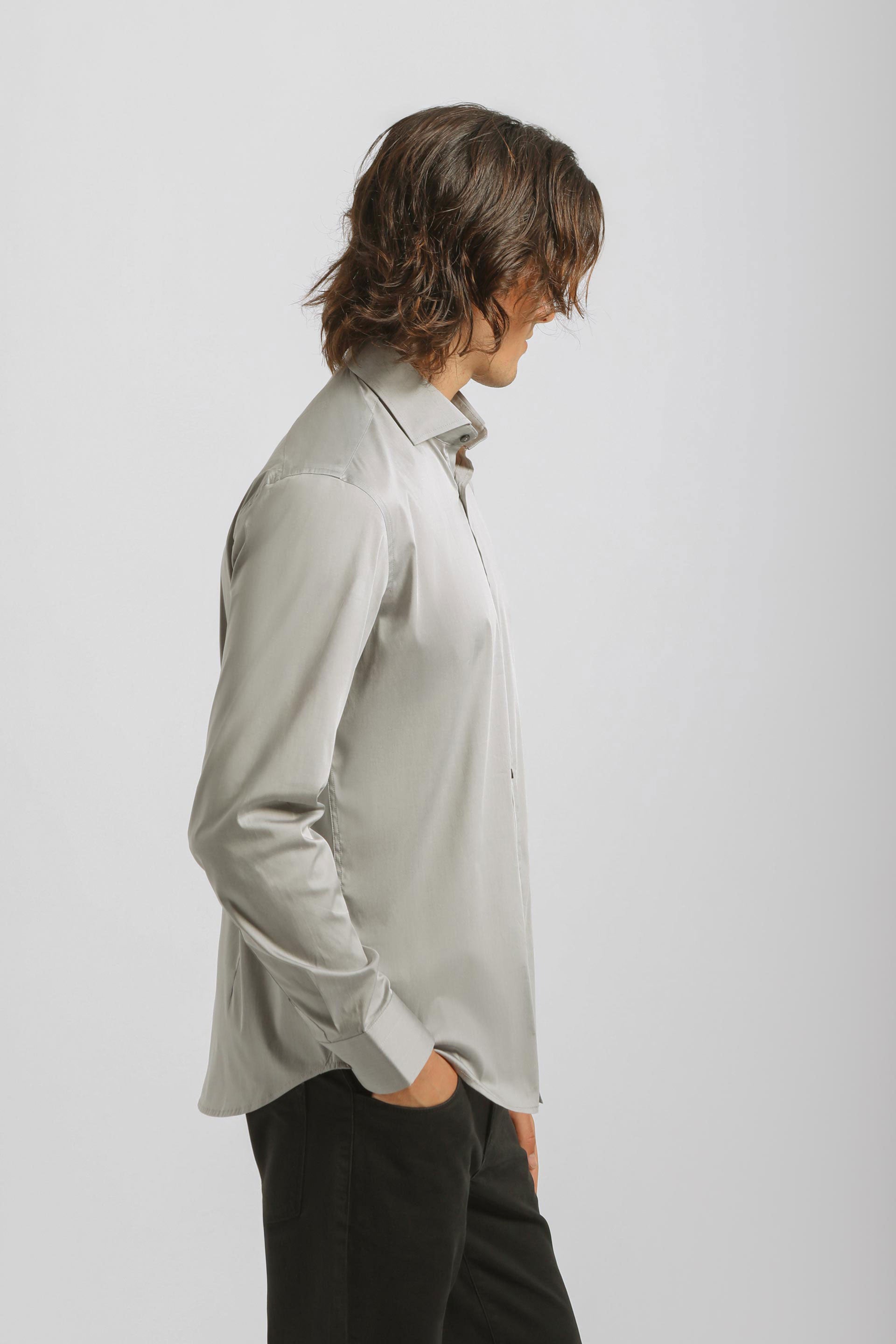 Camicia tinta unita in cotone|Colore:Grigio chiaro