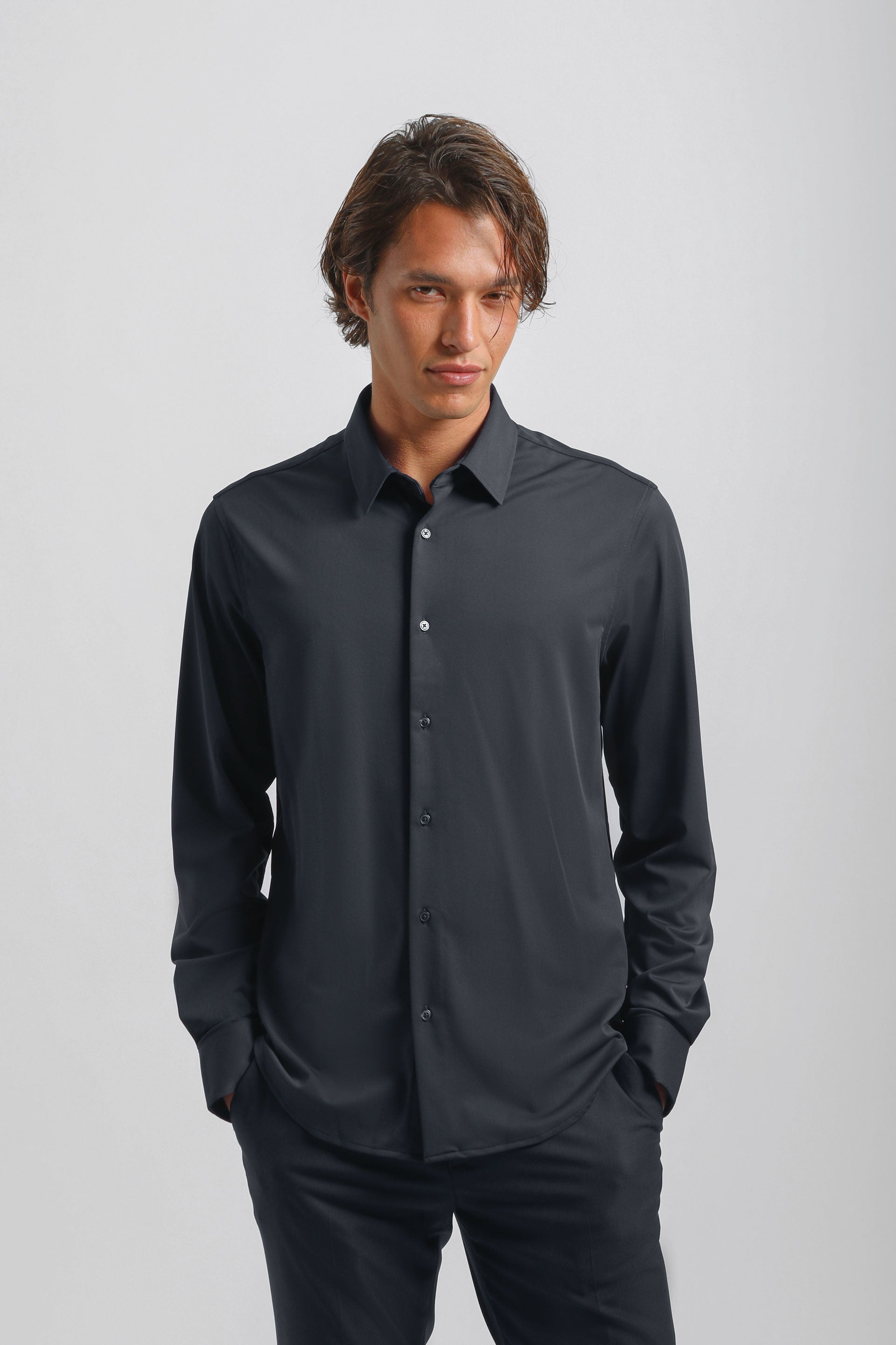 Camicia tinta unita in tessuto elastico|Colore:Blue
