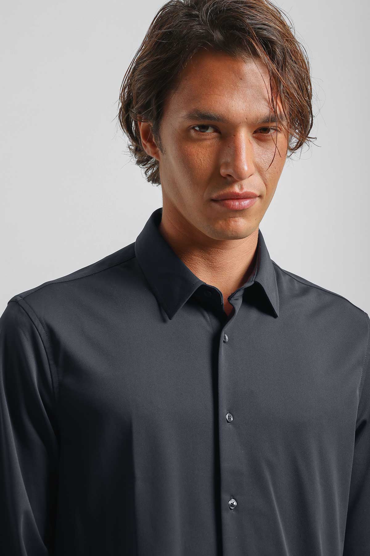 Camicia tinta unita in tessuto elastico|Colore:Blue