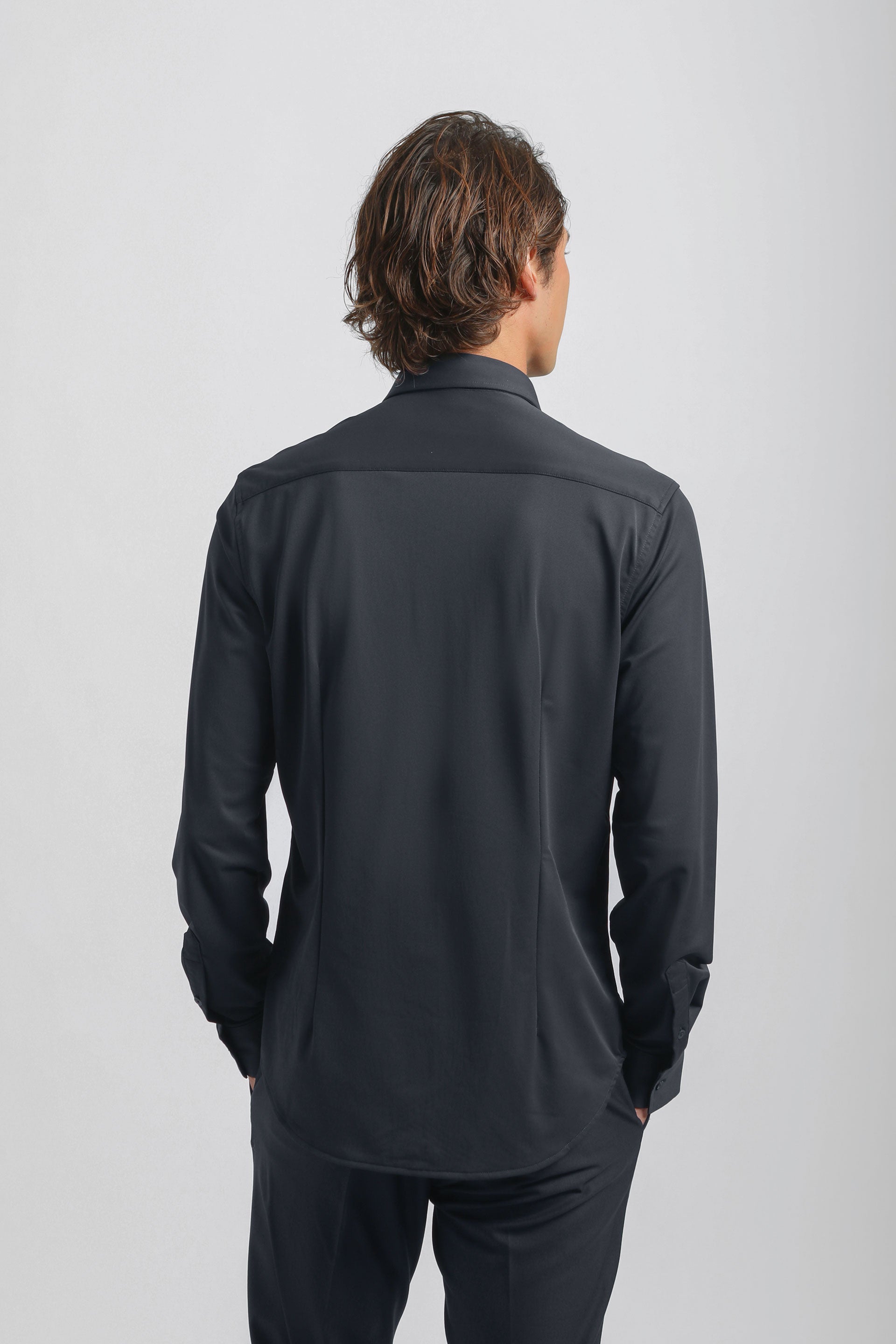Camicia tinta unita in tessuto elastico|Colore:Blue