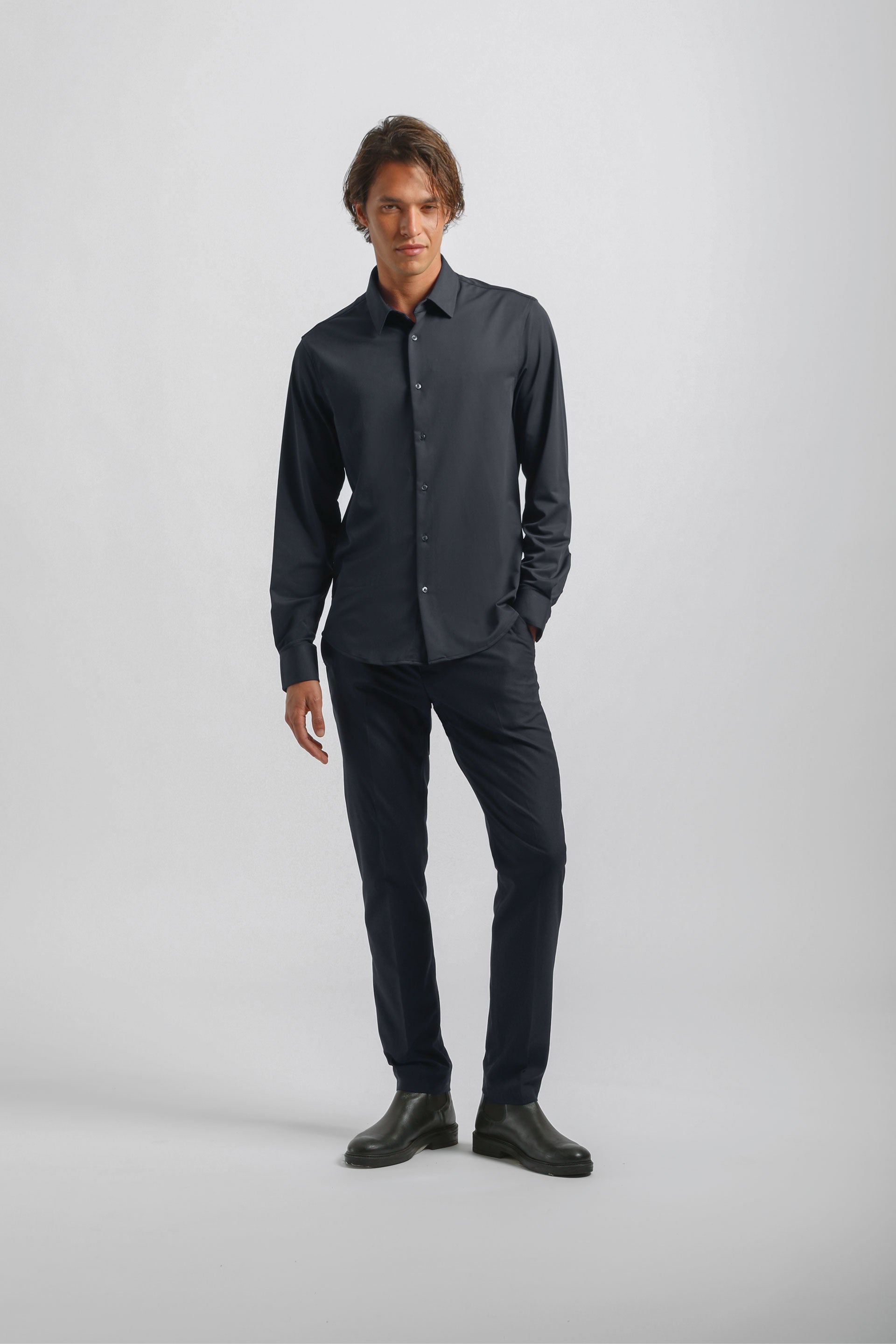 Camicia tinta unita in tessuto elastico|Colore:Blue
