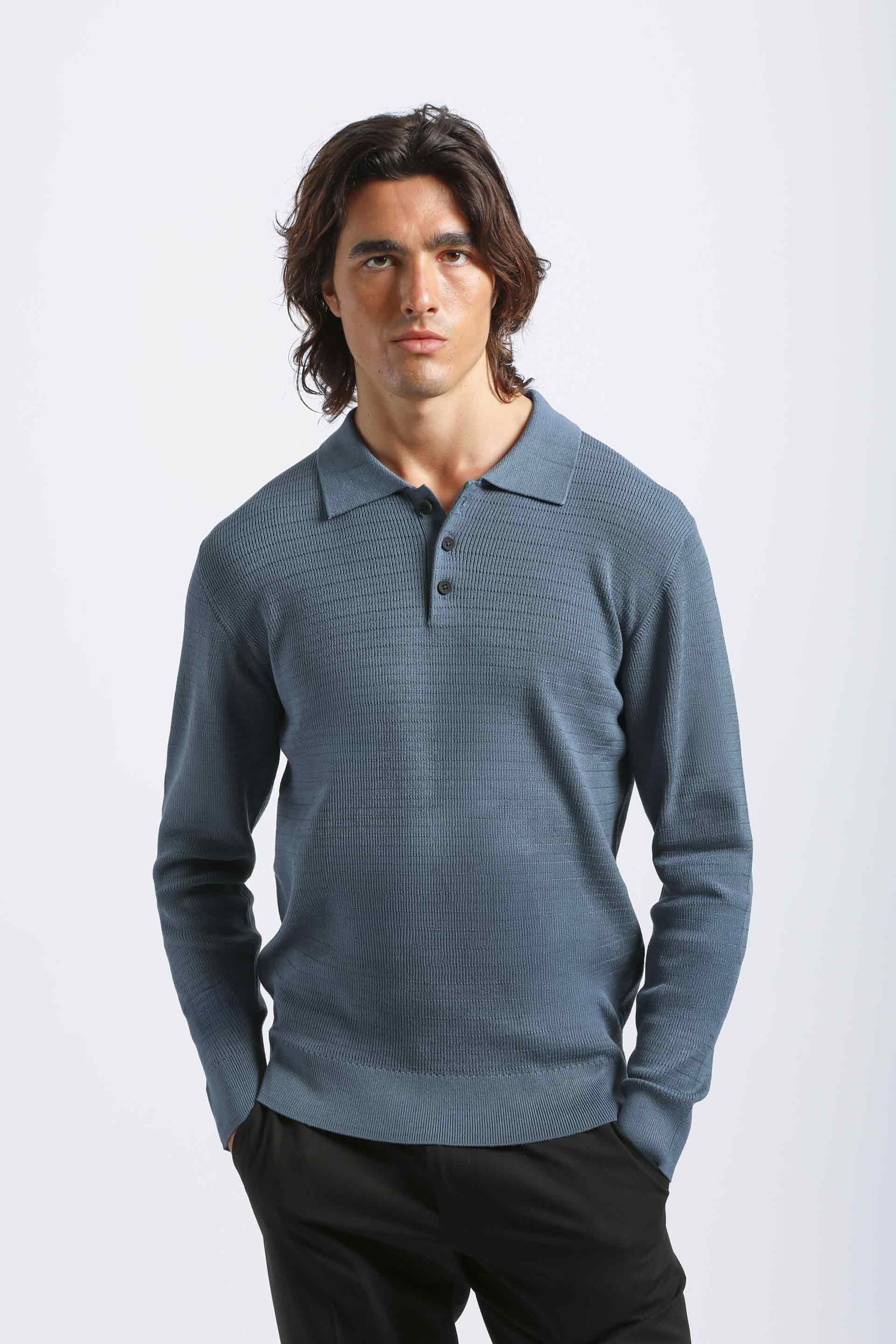 Polo manica lunga con bottoni|Colore:Ciano