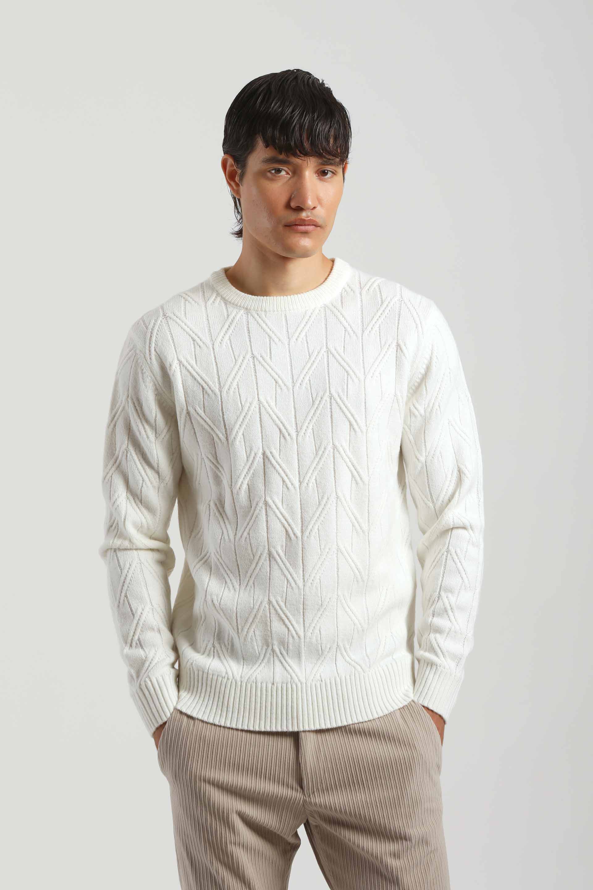Maglia girocollo con treccia|Colore:Off white